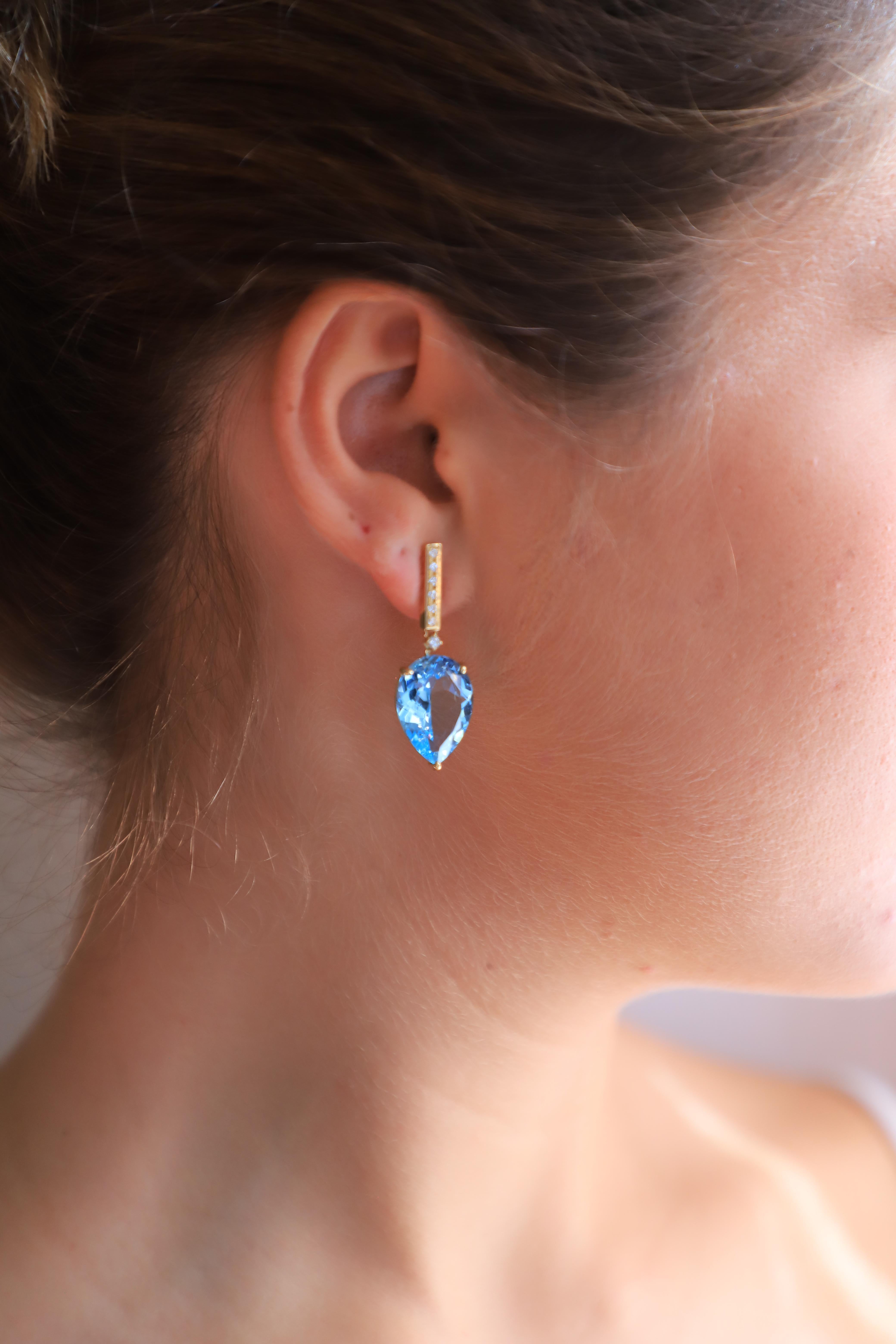 Women's Art Deco Style 18 Karat Gold Blue Topaz 0.06 Karat White Diamonds Earrings For Sale