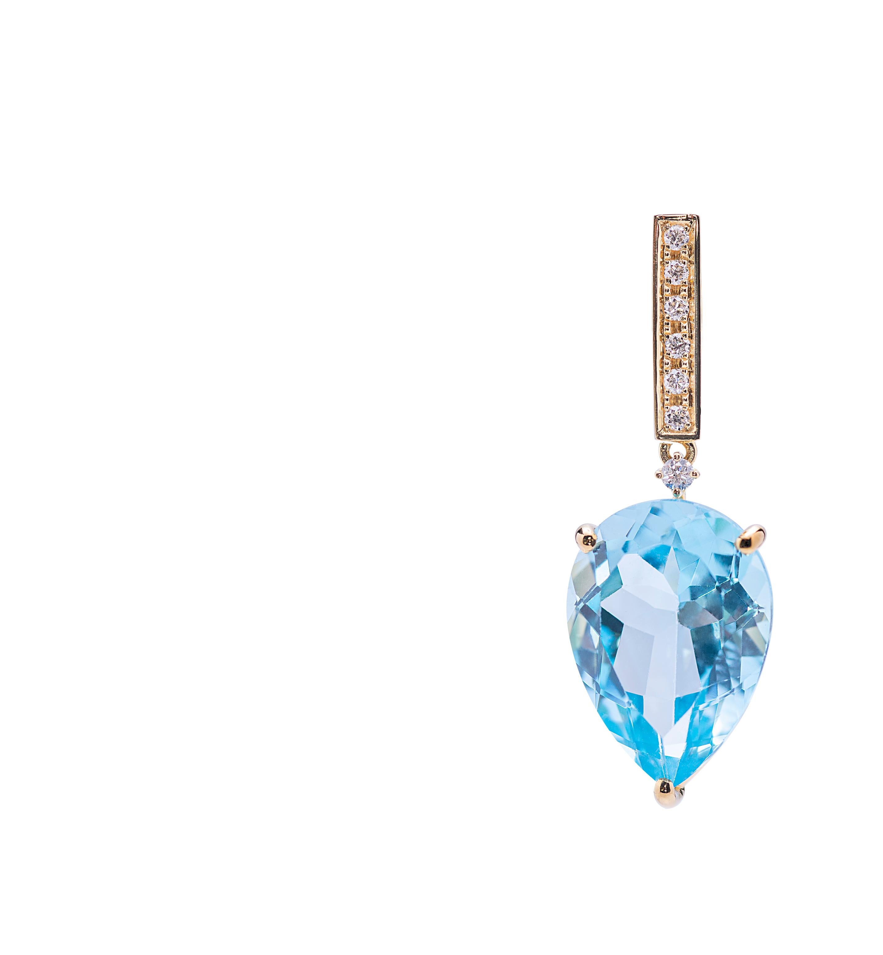 Art Deco Limited Edition 18K Gold Blue Topaz 0.12C White Diamonds Rain Drops Earrings For Sale