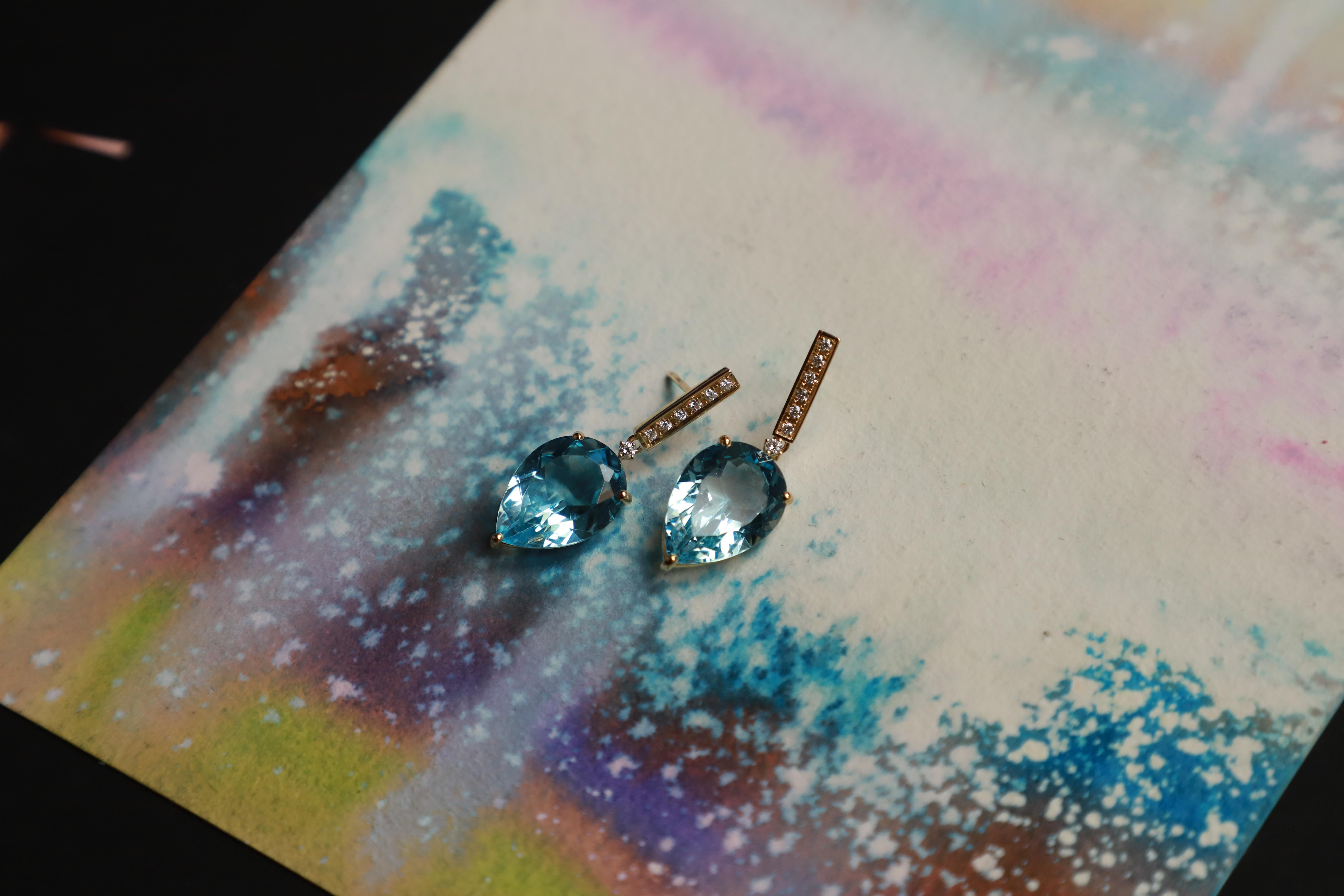 Brilliant Cut Limited Edition 18K Gold Blue Topaz 0.12C White Diamonds Rain Drops Earrings For Sale