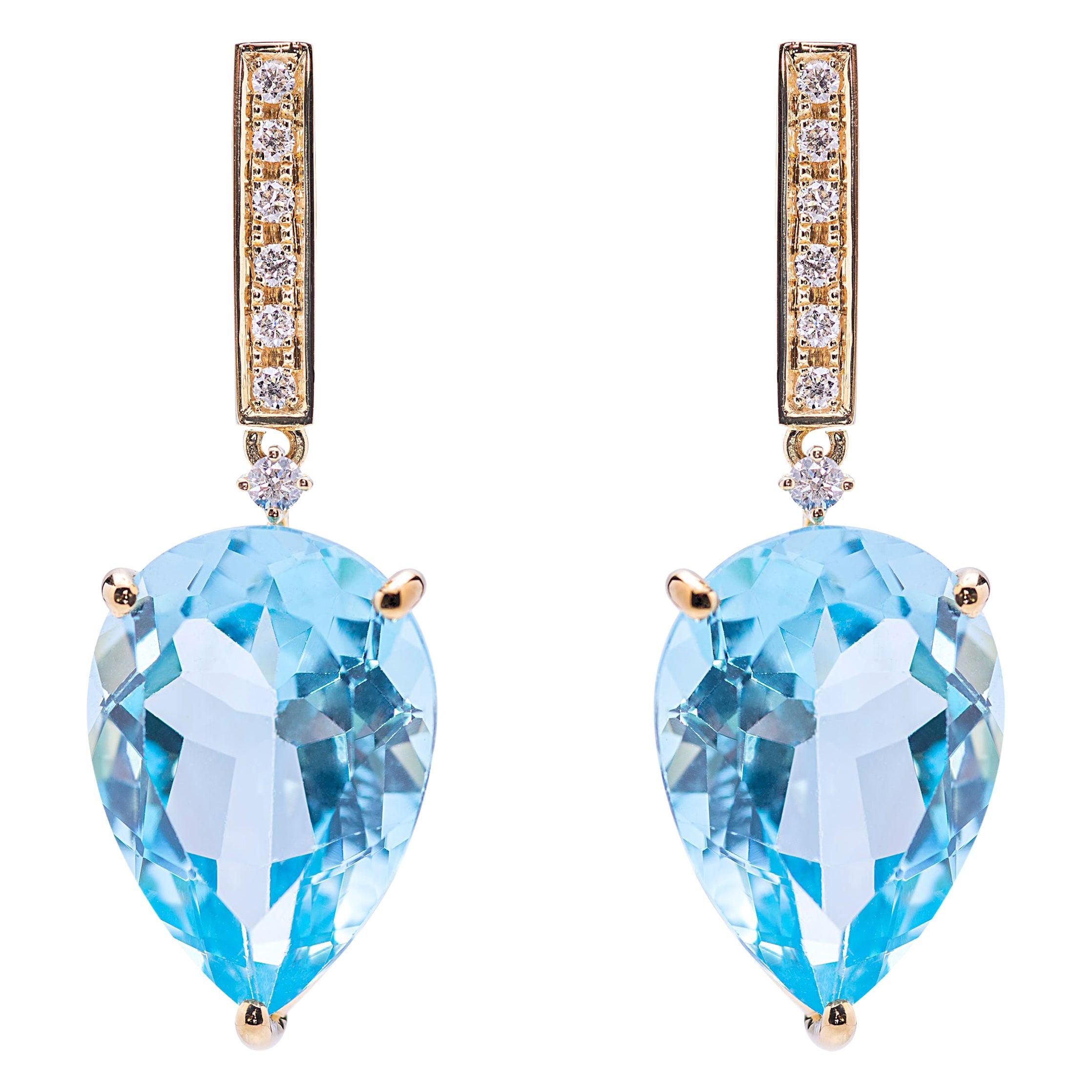 Limited Edition 18K Gold Blue Topaz 0.12C White Diamonds Rain Drops Earrings For Sale
