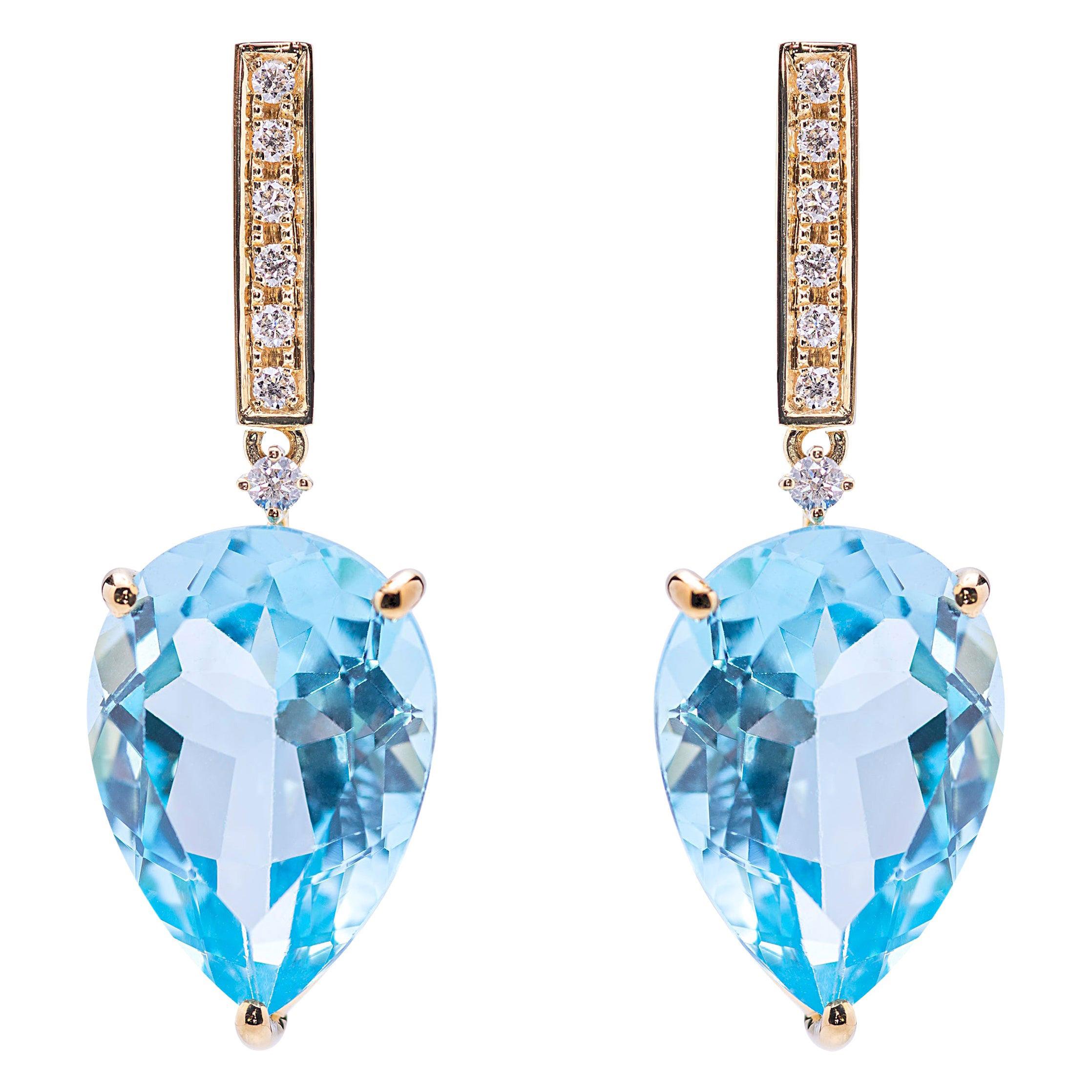 Art Deco Style 18 Karat Gold Blue Topaz 0.06 Karat White Diamonds Earrings For Sale