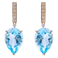 Art Deco Style 18 Karat Gold Blue Topaz 0.06 Karat White Diamonds Earrings