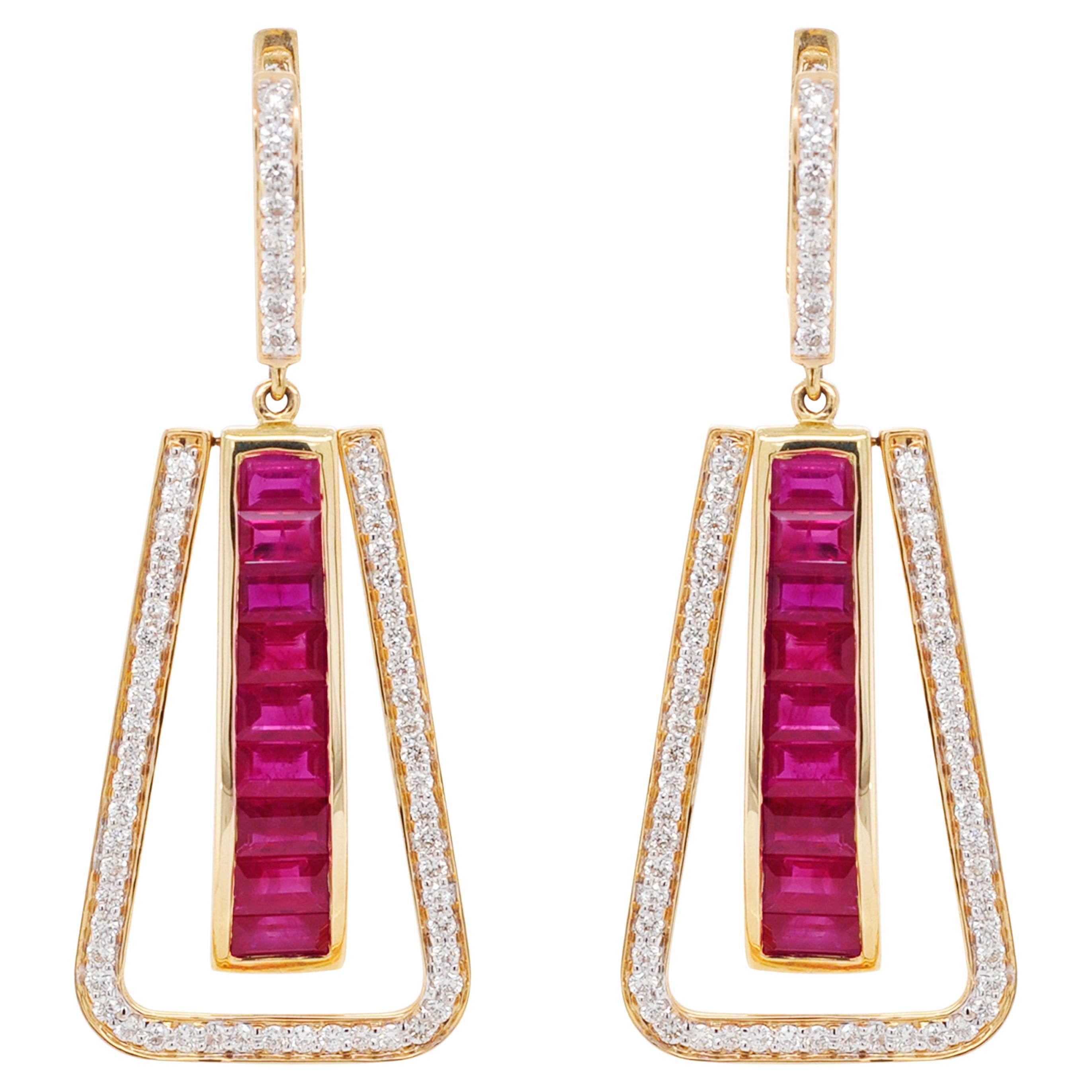 Art Deco Style 18 Karat Gold Channel Set Ruby Baguette Diamond Linear Earrings For Sale