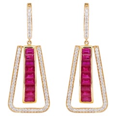Art Deco Style 18 Karat Gold Channel Set Ruby Baguette Diamond Linear Earrings