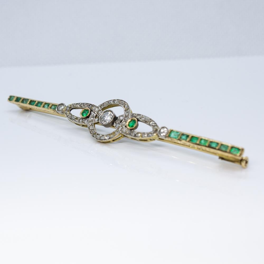 Old Mine Cut Art Deco Style 18 Karat Gold Diamond and Emeralds Brooch