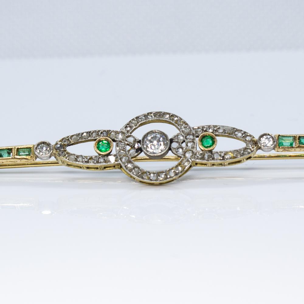 Women's or Men's Art Deco Style 18 Karat Gold Diamond and Emeralds Brooch