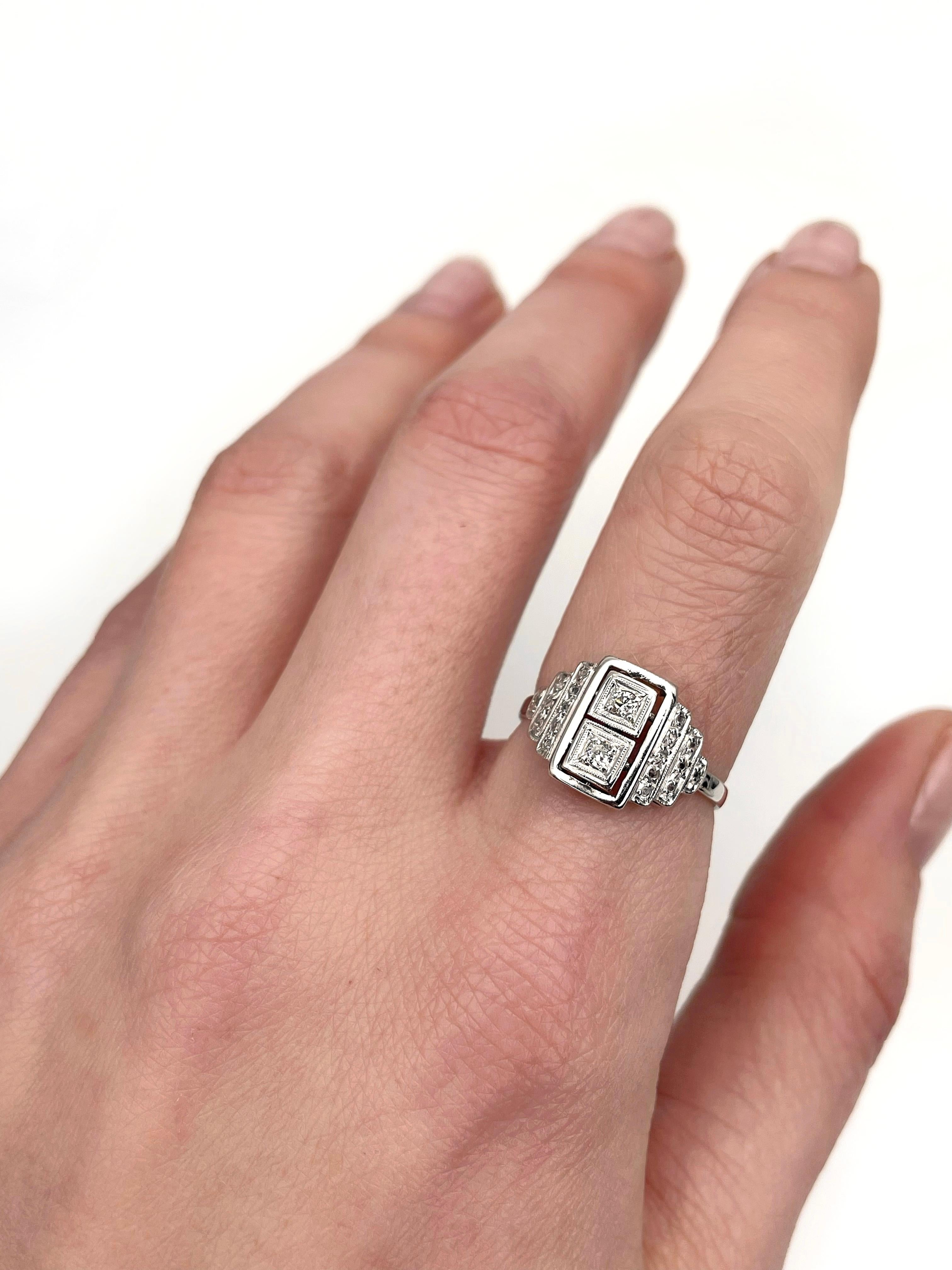 Art Deco Style 18 Karat Gold 0.11 Carat Old Cut Diamond Two Stone Vertical Ring In Good Condition For Sale In Vilnius, Vilniaus apskr.
