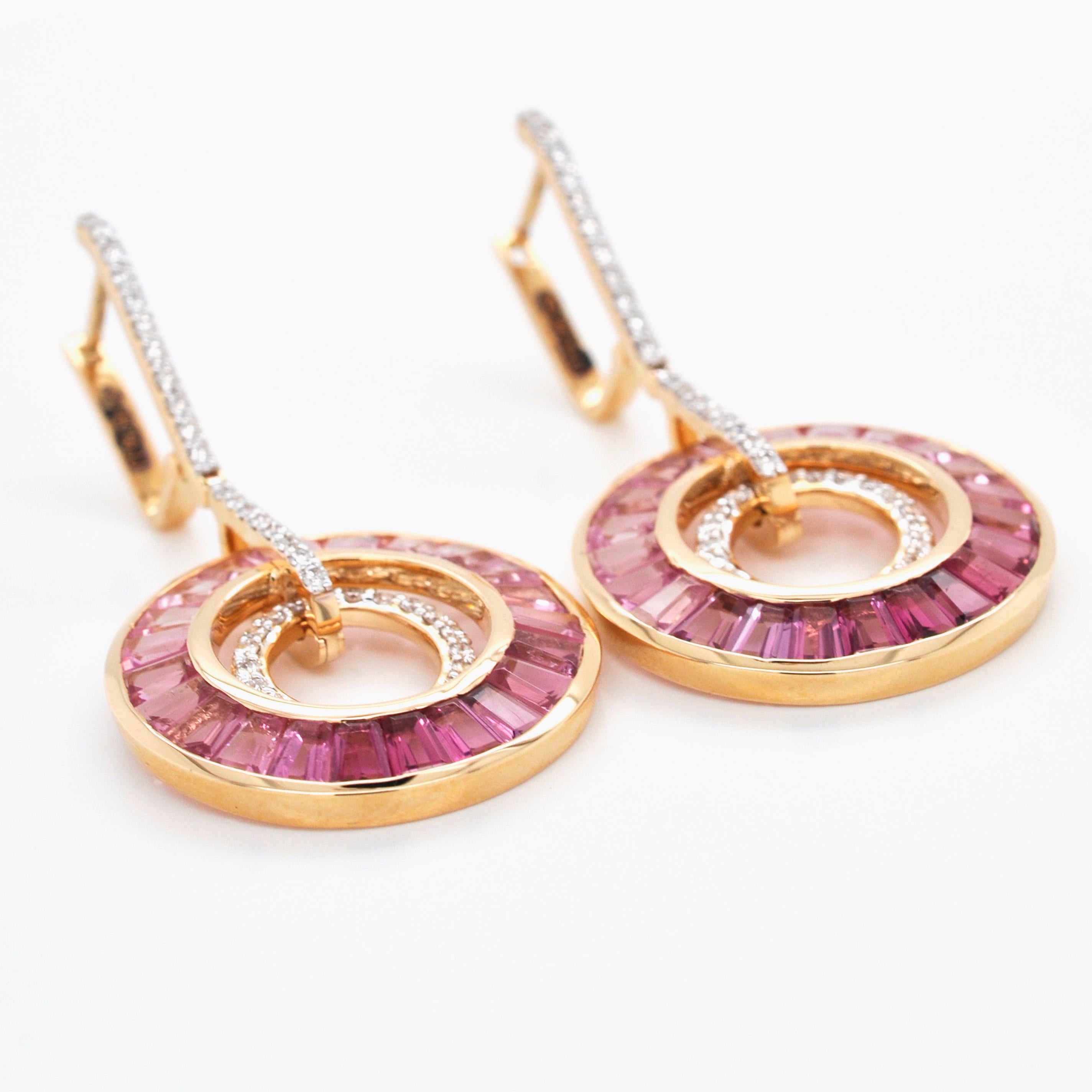 Art Deco Style 18 Karat Gold Pink Tourmaline Baguette Diamond Circular Earrings For Sale 7