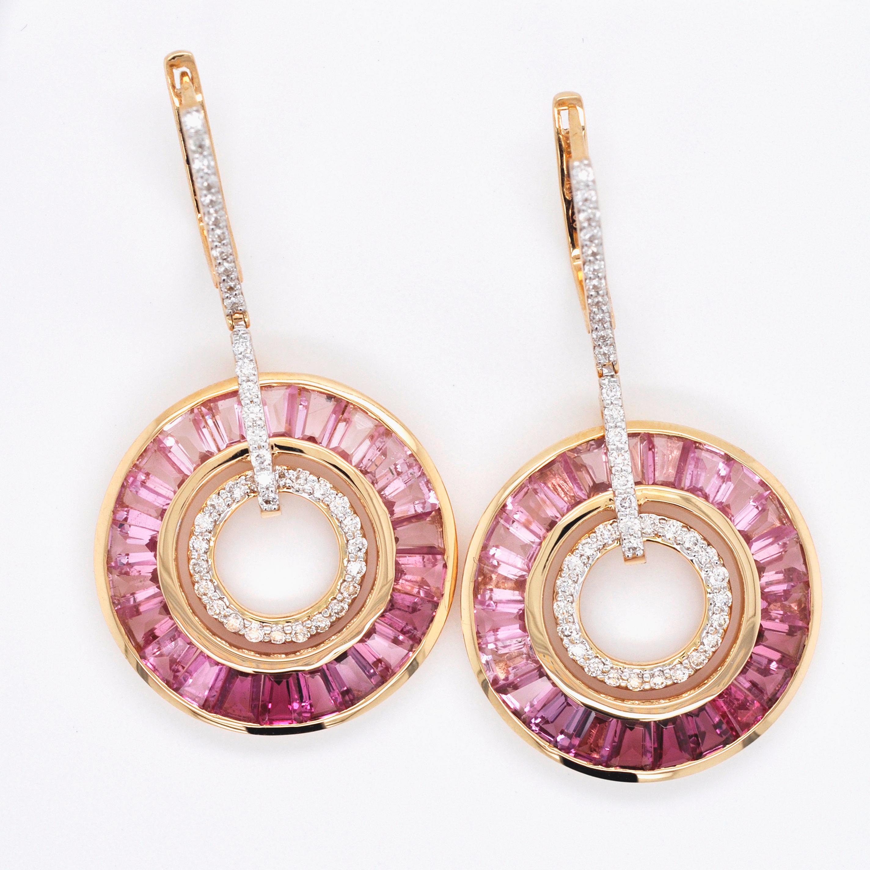 Art Deco Style 18 Karat Gold Pink Tourmaline Baguette Diamond Circular Earrings For Sale 8