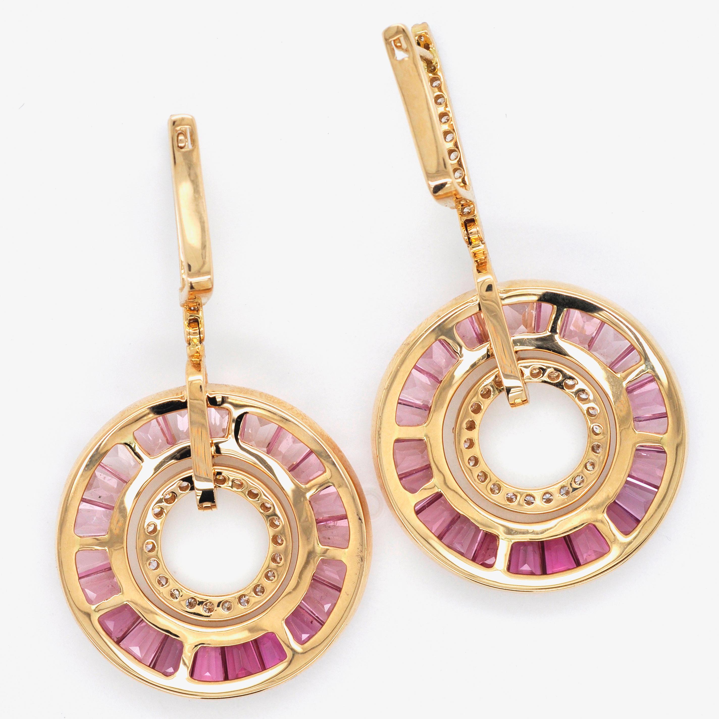 Art Deco Style 18 Karat Gold Pink Tourmaline Baguette Diamond Circular Earrings For Sale 9