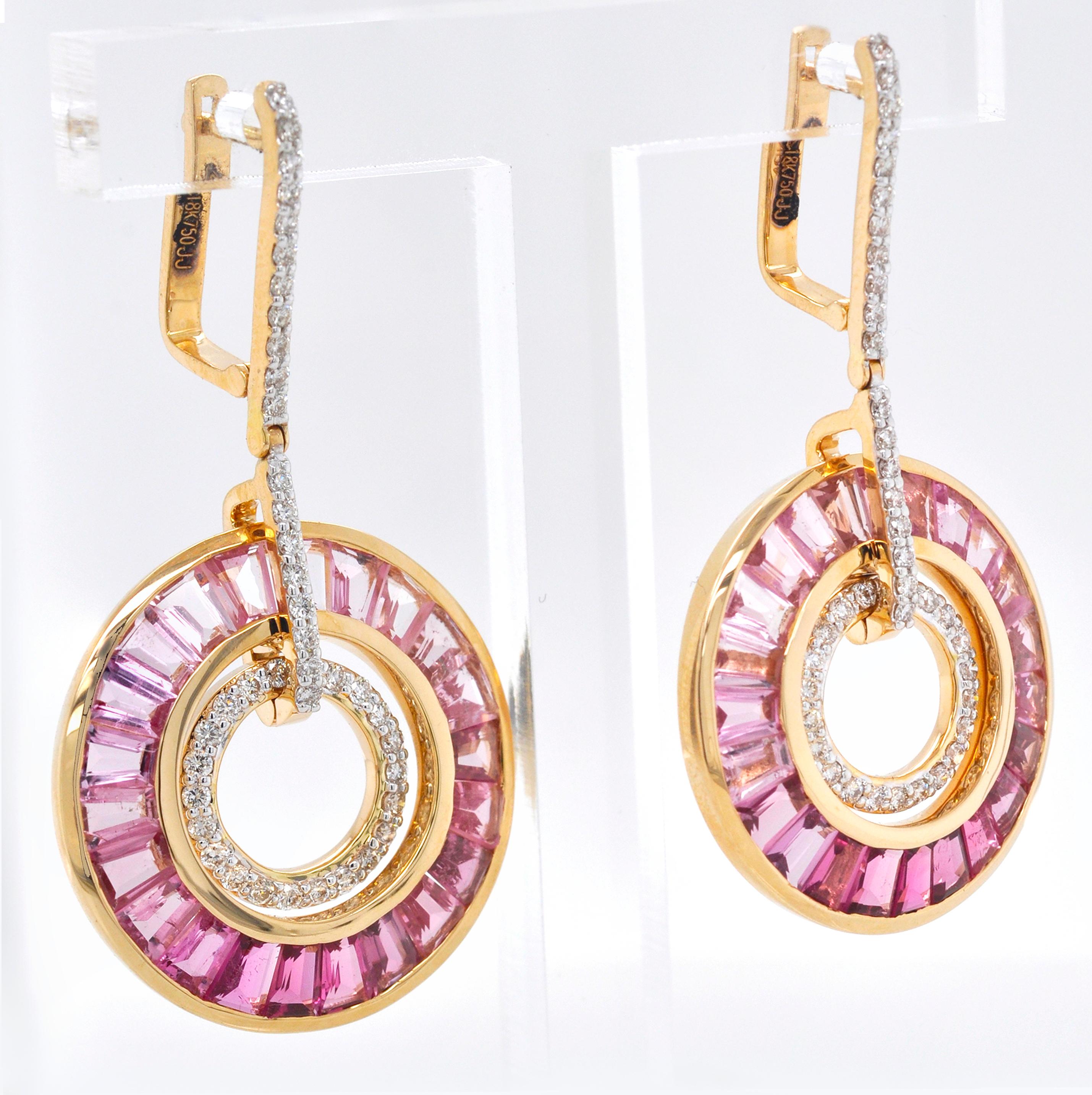 Art Deco Style 18 Karat Gold Pink Tourmaline Baguette Diamond Circular Earrings For Sale 11