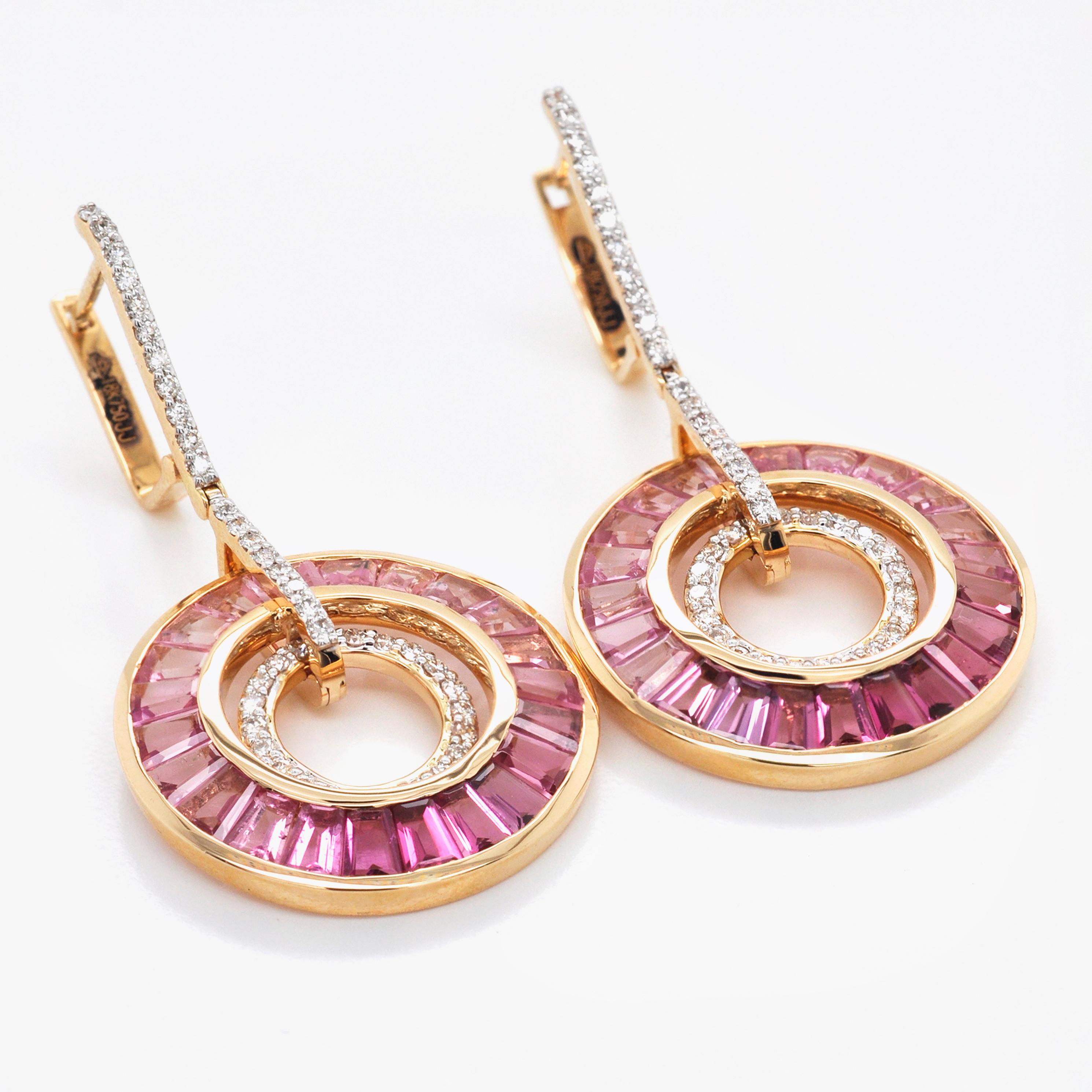 Art Deco Style 18 Karat Gold Pink Tourmaline Baguette Diamond Circular Earrings For Sale 12