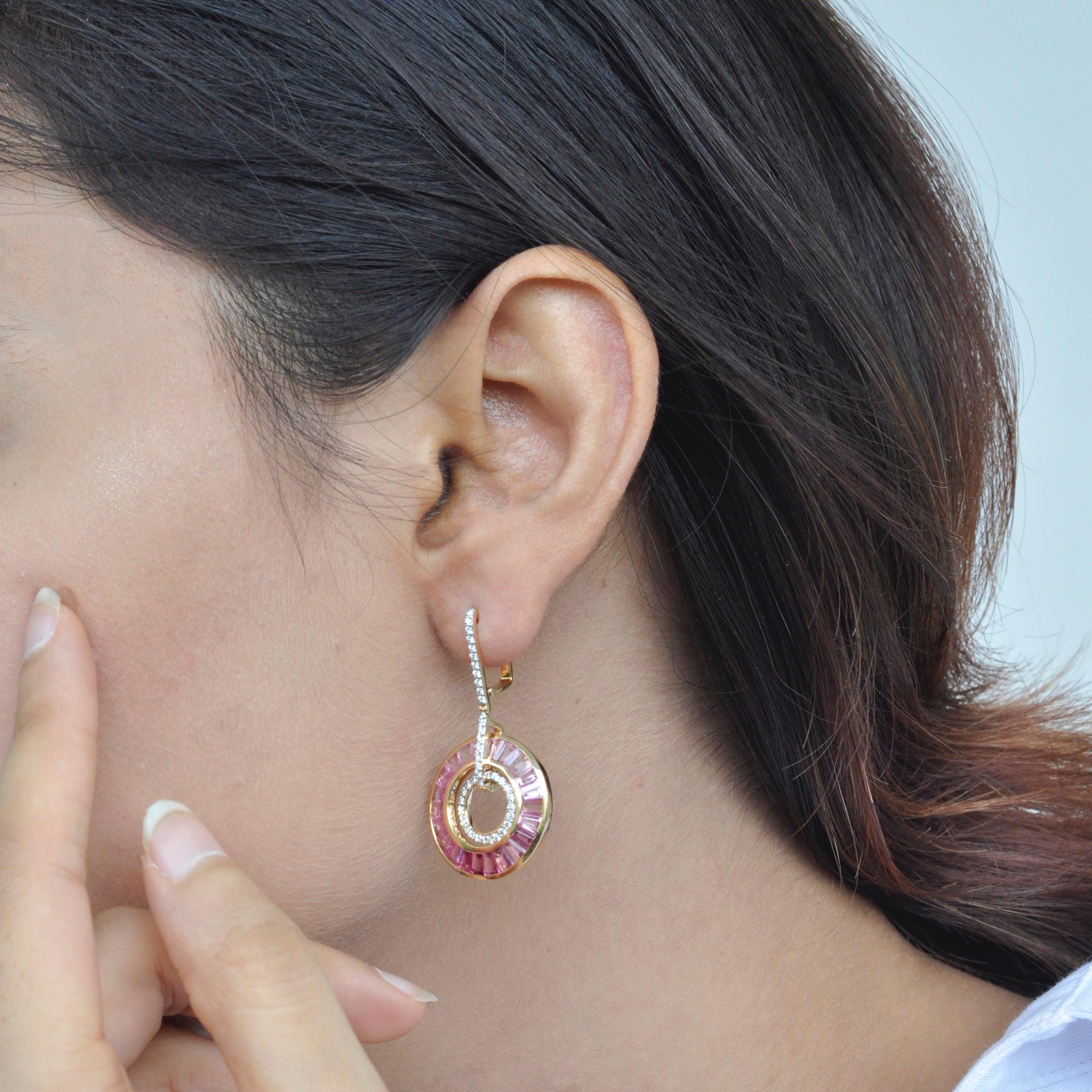 Women's Art Deco Style 18 Karat Gold Pink Tourmaline Baguette Diamond Circular Earrings For Sale