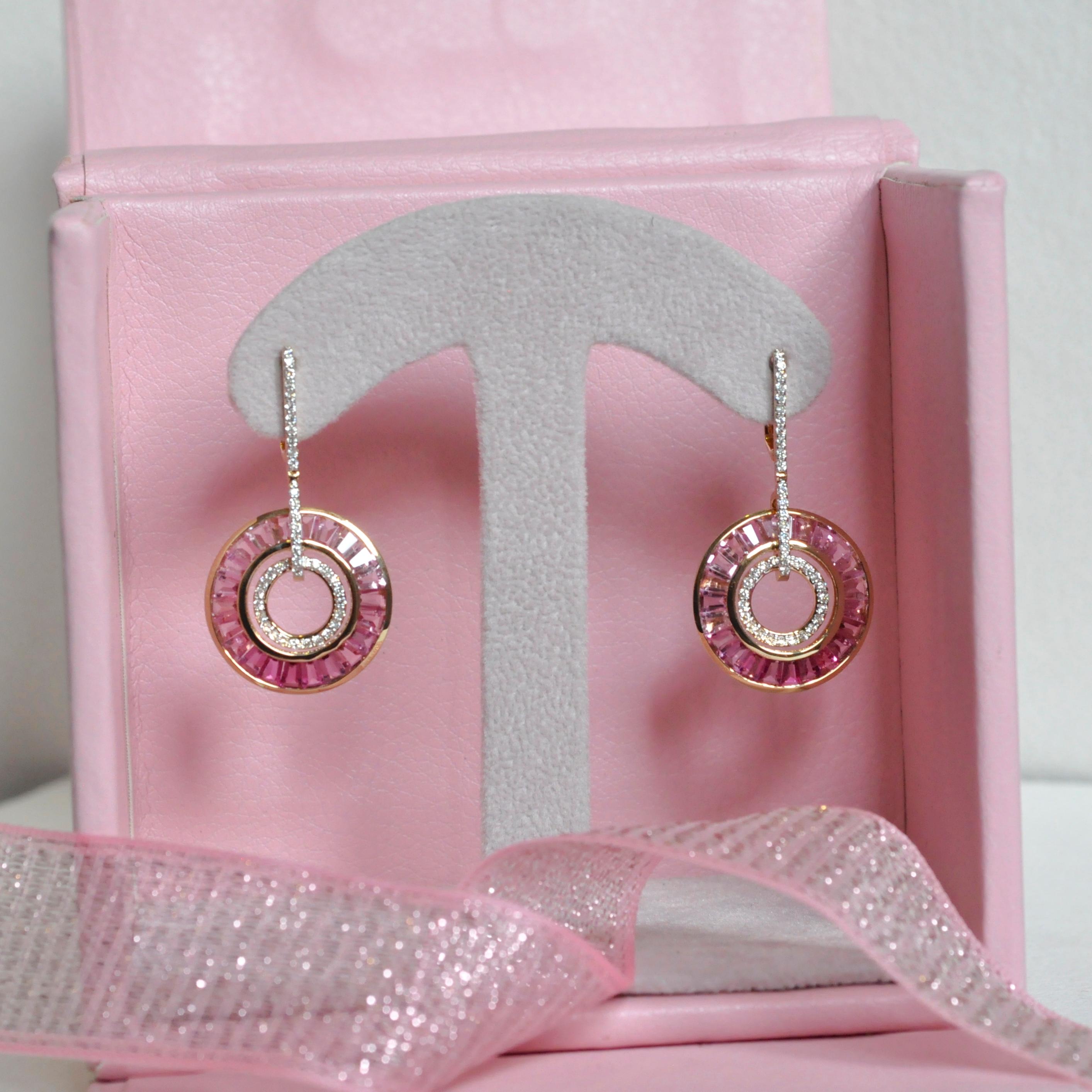 Art Deco Style 18 Karat Gold Pink Tourmaline Baguette Diamond Circular Earrings For Sale 2