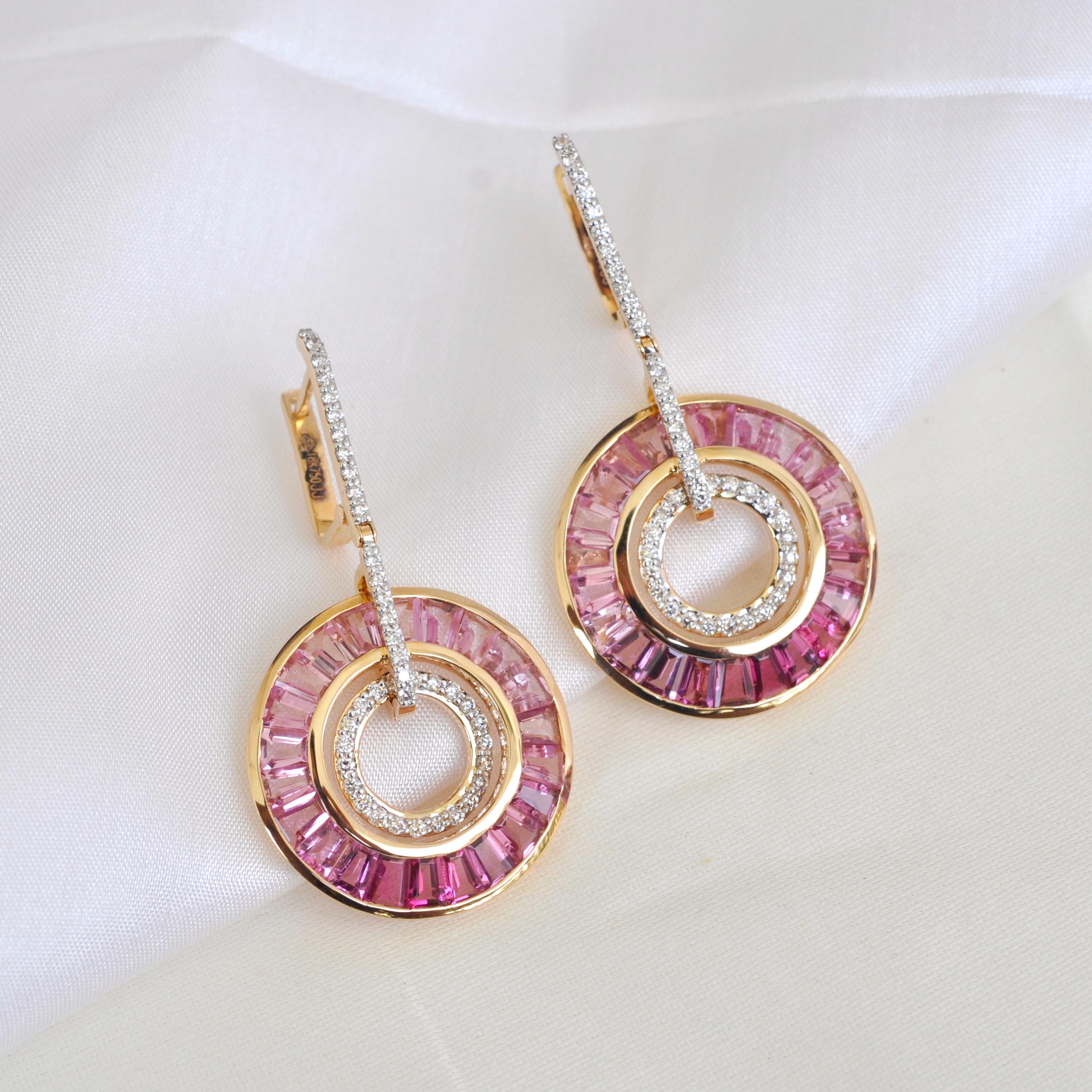 Art Deco Style 18 Karat Gold Pink Tourmaline Baguette Diamond Circular Earrings For Sale 3