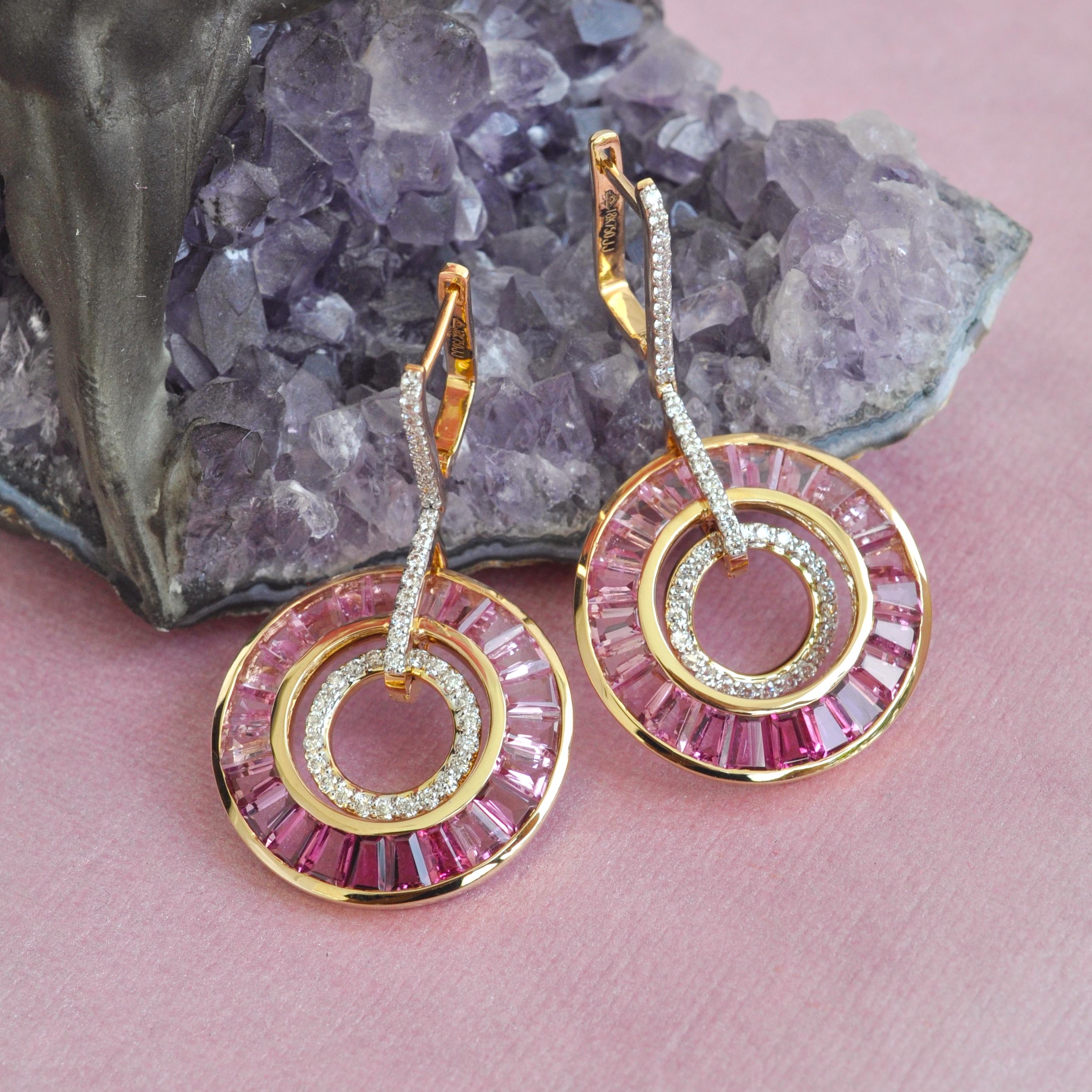 Art Deco Style 18 Karat Gold Pink Tourmaline Baguette Diamond Circular Earrings For Sale 4