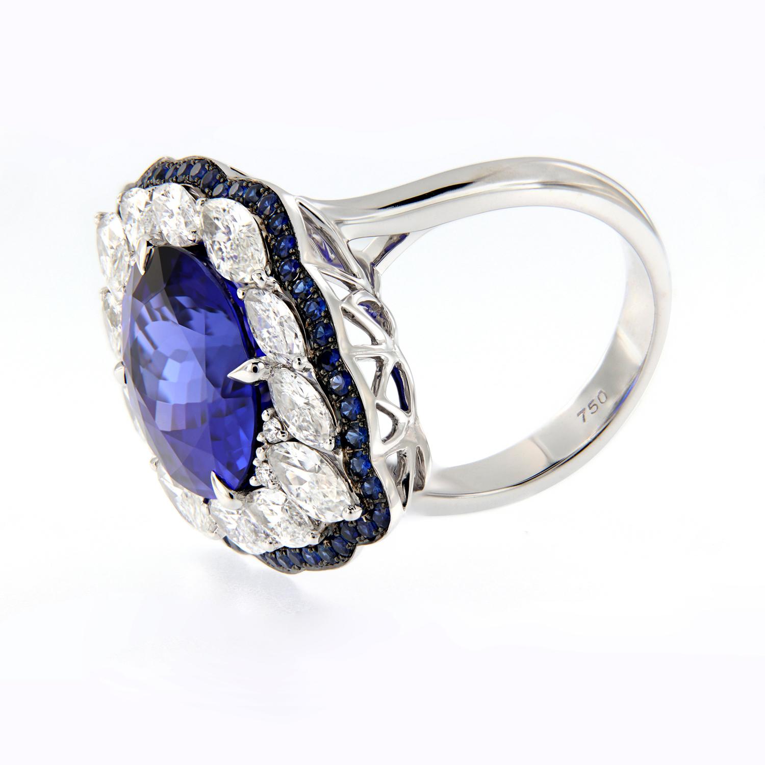 Oval Cut Art Deco Style 18 Karat WG 10.48 Ct. Tanzanite, 2.78 Ct Diamond & Sapphire Ring
