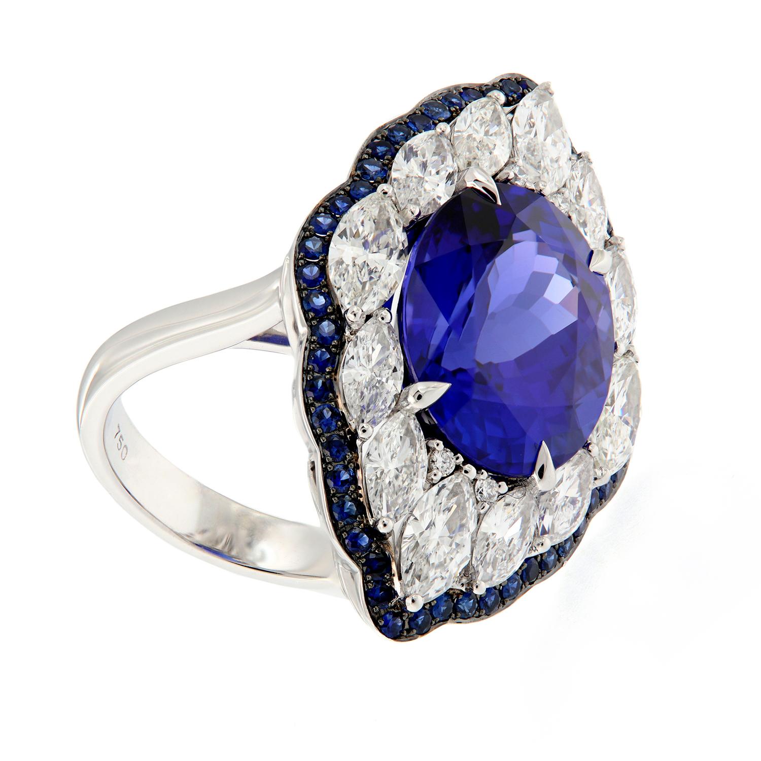 Women's Art Deco Style 18 Karat WG 10.48 Ct. Tanzanite, 2.78 Ct Diamond & Sapphire Ring