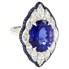 Art Deco Style 18 Karat WG 10.48 Ct. Tanzanite, 2.78 Ct Diamond & Sapphire Ring