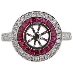 Art Deco Style 18 Karat White Gold Diamond and Ruby Halo Modern Mounting Art Deco Style 18 Karat White Gold Diamond and Ruby Halo Modern Mounting