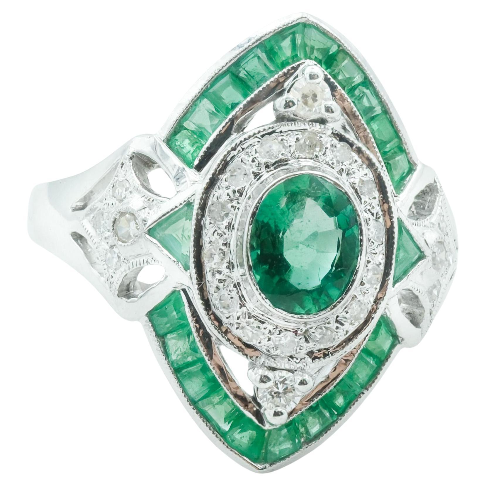 Art Deco Style 18 Karat White Gold, Emerald, and Diamond Ring For Sale