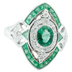 Art Deco Style 18 Karat White Gold, Emerald, and Diamond Ring