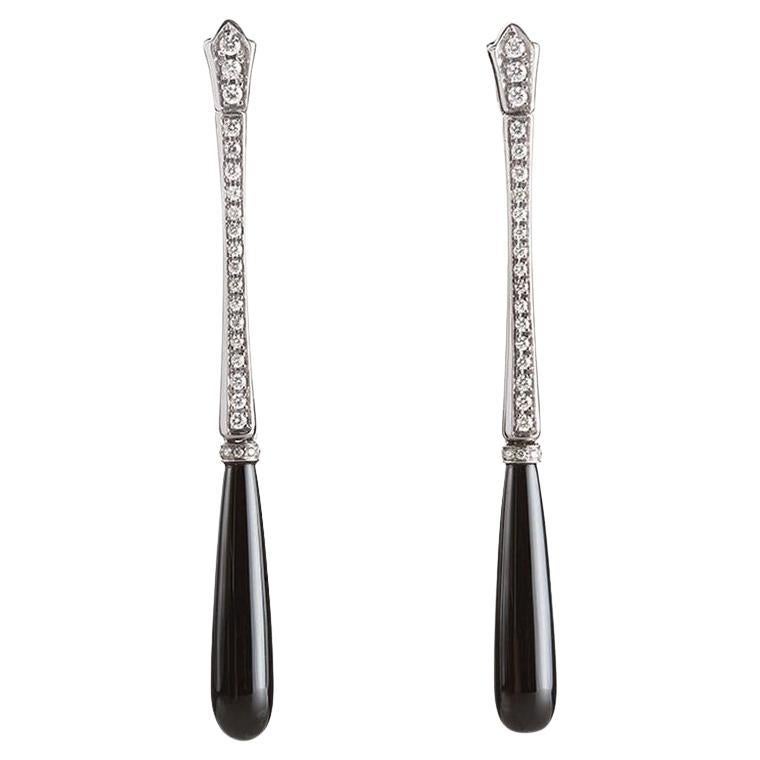 18K White Gold 0.95 Carat White Diamonds Onyx Drops Art Deco Style Earrings