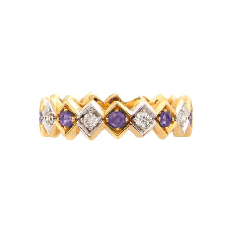 Art Deco Style 18 Karat Yellow Gold 0.08 Karat White Diamond Amethyst Band Ring