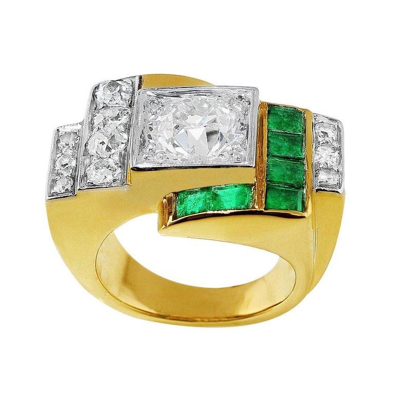 Brilliant Cut Art Deco Style 18 Karat Yellow Gold Diamond Emerald Ring For Sale