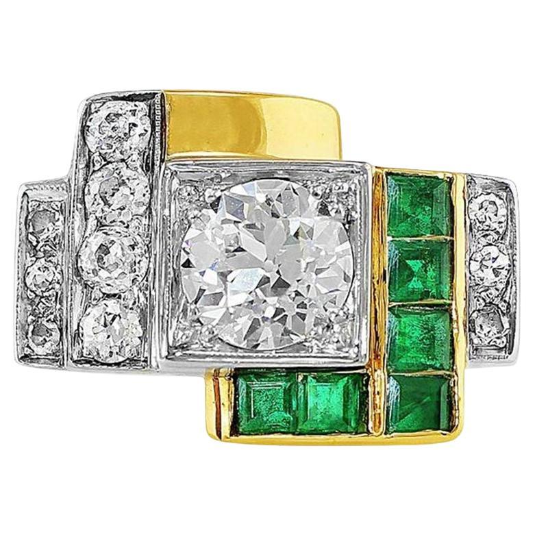 Art Deco Style 18 Karat Yellow Gold Diamond Emerald Ring For Sale