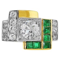 Art Deco Style 18 Karat Yellow Gold Diamond Emerald Ring