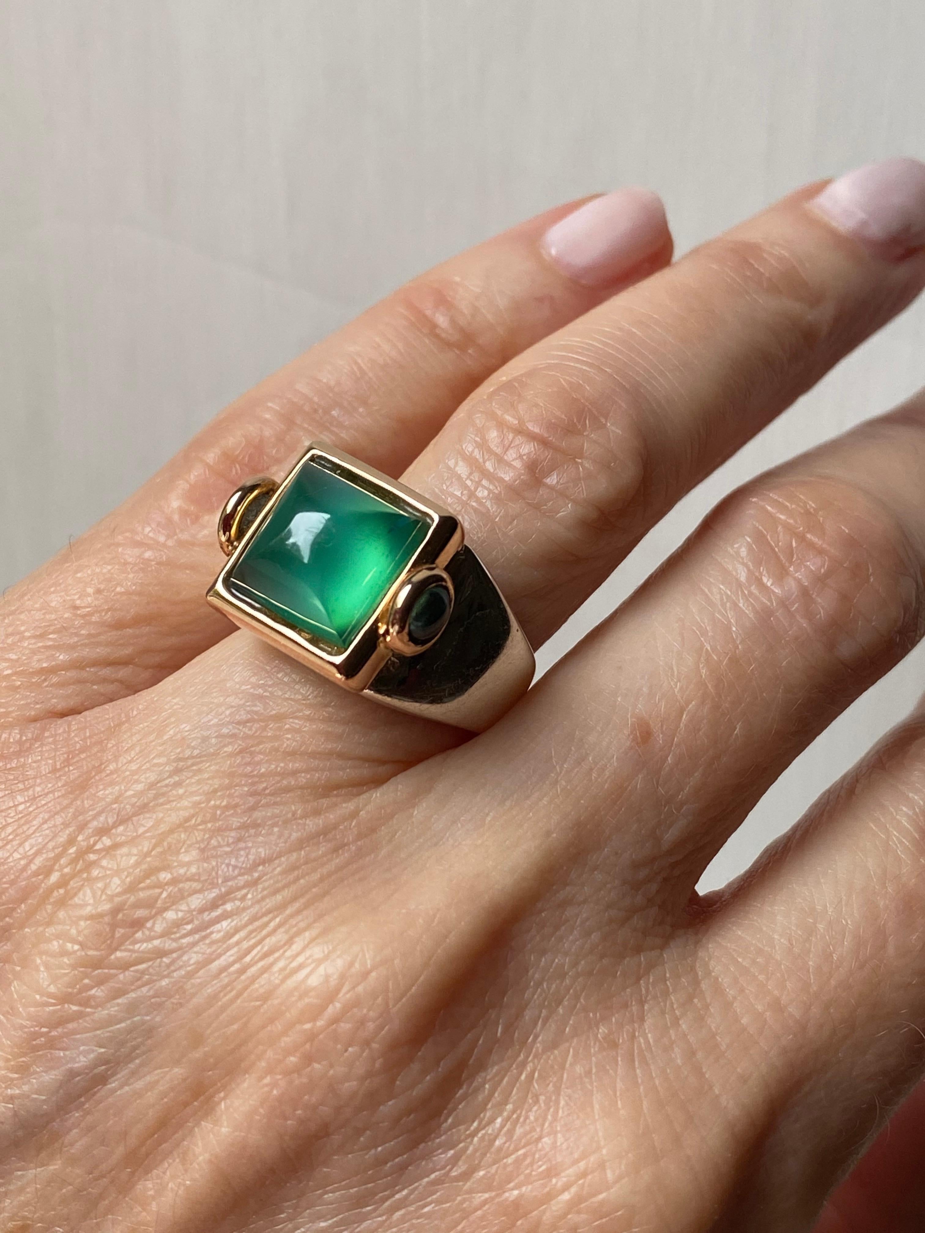 Art Deco Style 18 Karat Yellow And White Gold Green Agate Pyramid and Two Green Cabochon Tourmaline Cocktail Design Ring .
Any sizes available in two weeks by message 
This rings comes from the collection Castles of Italy designed by  Rossella