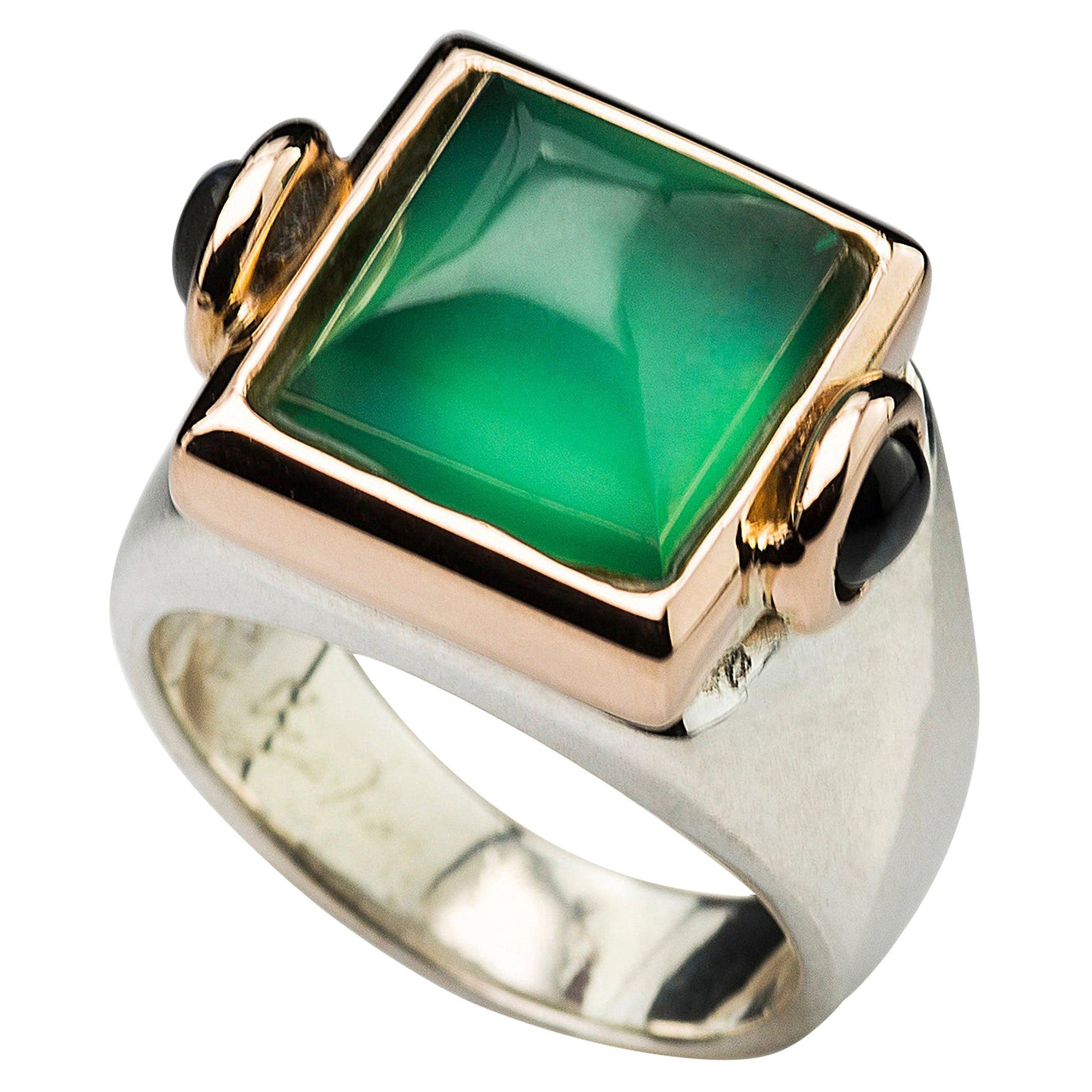 Bague unisexe de style Art déco en or 18 carats avec agate verte et tourmaline