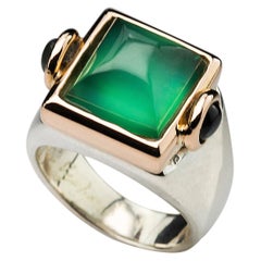 Bague unisexe de style Art déco en or 18 carats avec agate verte et tourmaline