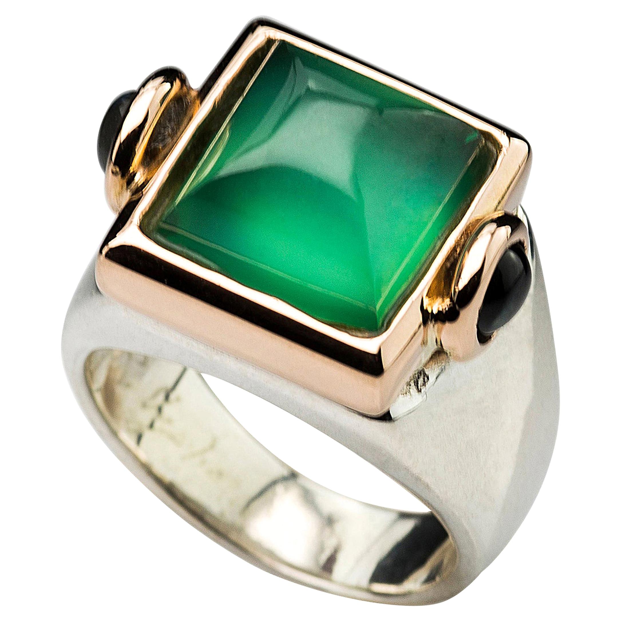 Tourmaline d'agate verte et or jaune 18 carats de style Art déco  Bague de cocktail