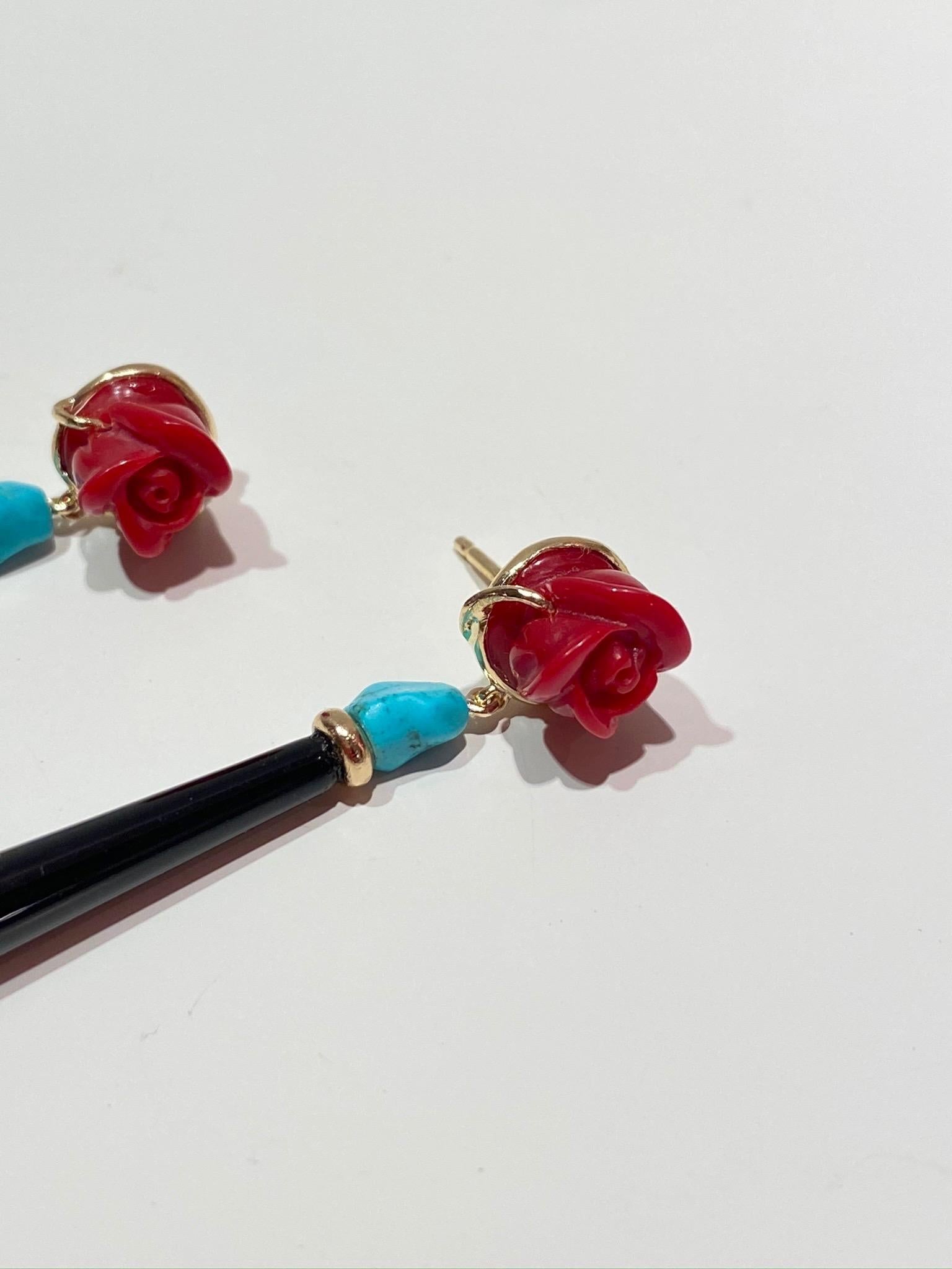 Red Roses Art Deco Style 18K Yellow Gold Onyx Drops Turquoise Beads Earrings In New Condition For Sale In Rome, IT