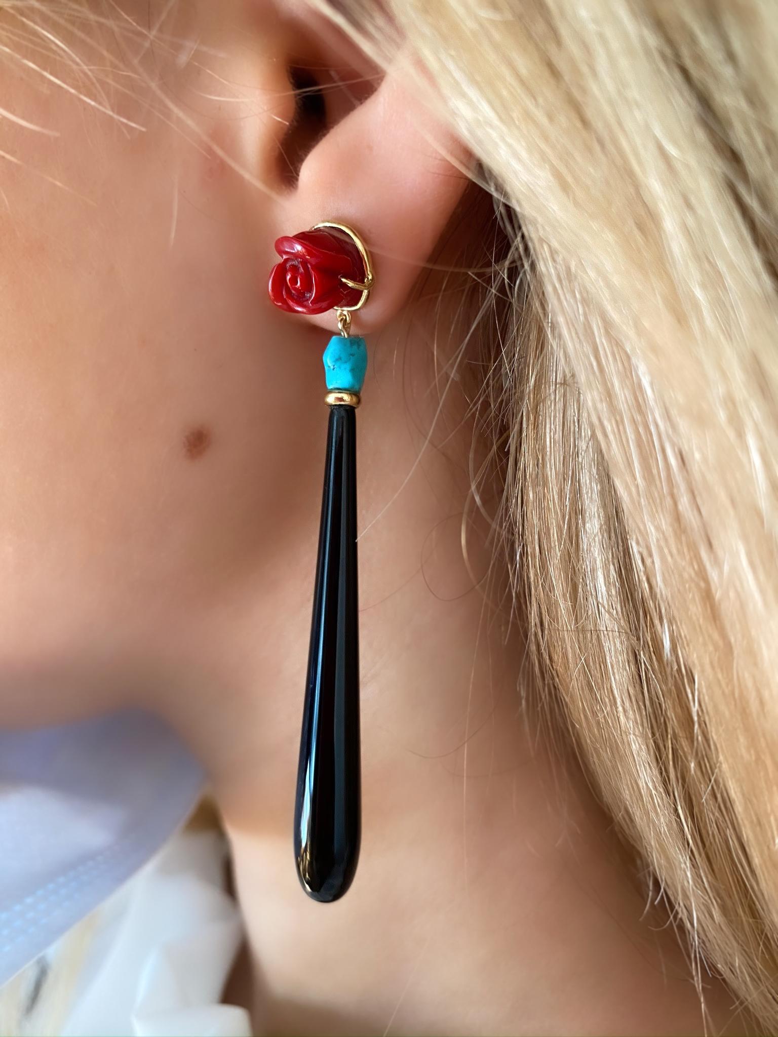Rossella Ugolini Design Collection, Art Deco Style 18 Karat Yellow Gold Onyx Drops Coral Red Roses  Flower natural Turquoise beads Dangle Design Earrings.
A geometric shape characterized by its elegant sinuosity, femininity and delicacy. 
Clean