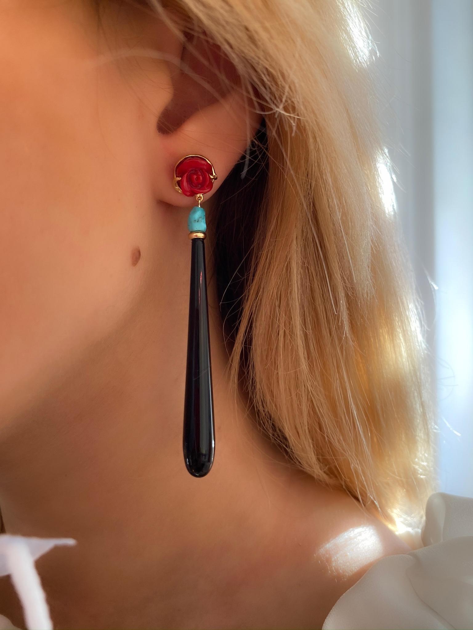 Rote Rosen im Art-déco-Stil 18K Gelbgold Onyx Tropfen Türkis Perlen Ohrringe im Angebot 2