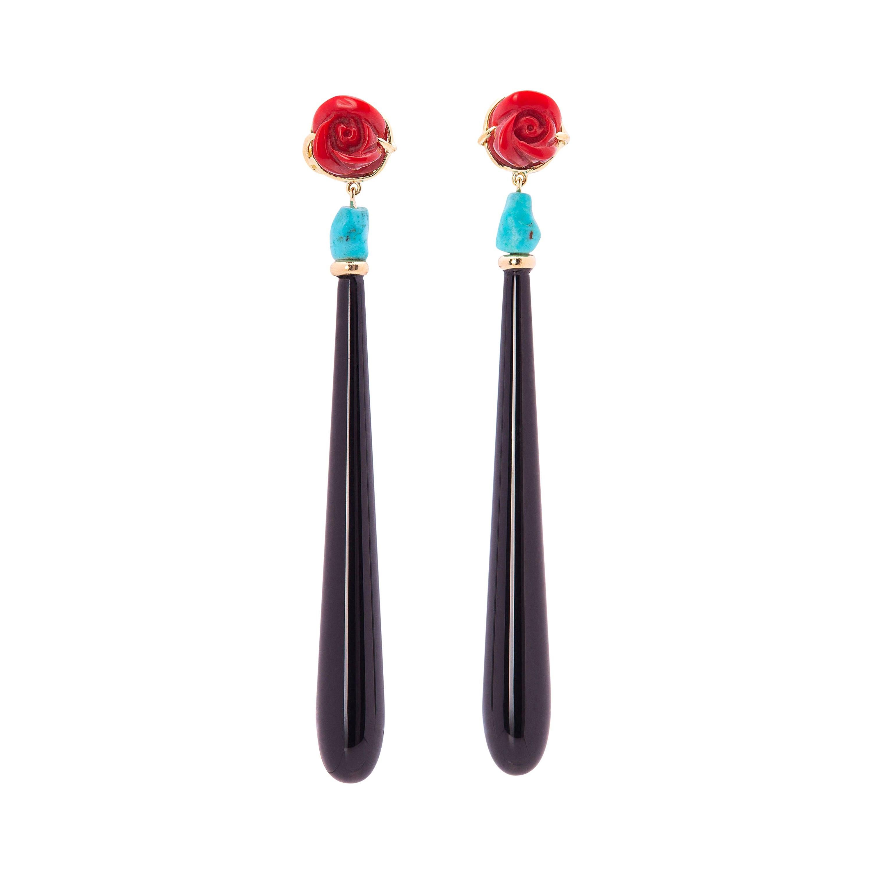 Red Roses Art Deco Style 18K Yellow Gold Onyx Drops Turquoise Beads Earrings For Sale