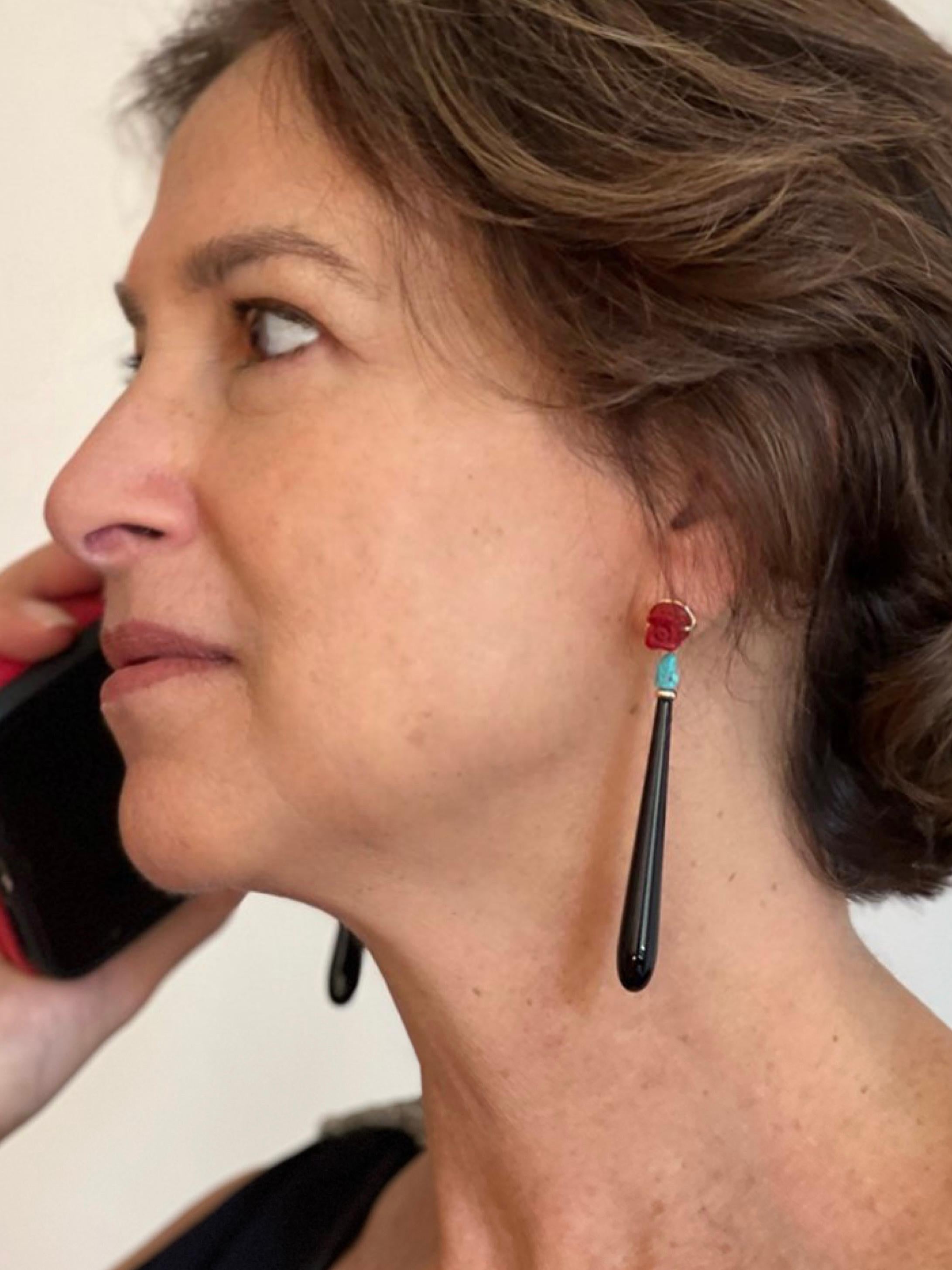 Rote Rosen im Art-déco-Stil 18K Gelbgold Onyx Tropfen Türkis Perlen Ohrringe im Angebot 6