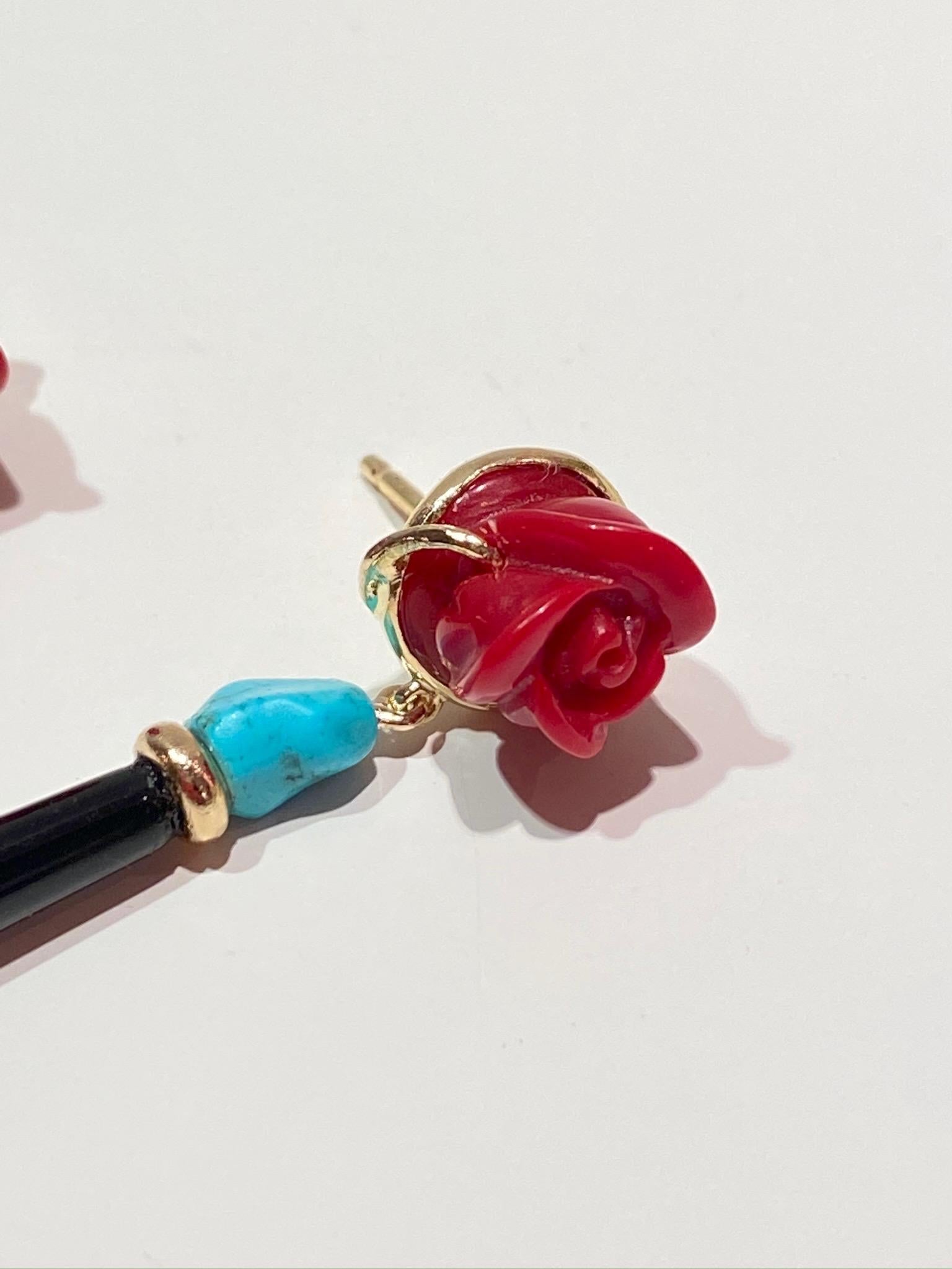 Mixed Cut Art Deco Style 18 Karat Yellow Gold Onyx Red Flower Turquoise Dangle Earrings
