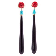 Art Deco Style 18 Karat Yellow Gold Onyx Flower Turquoise Dangle Design Earrings