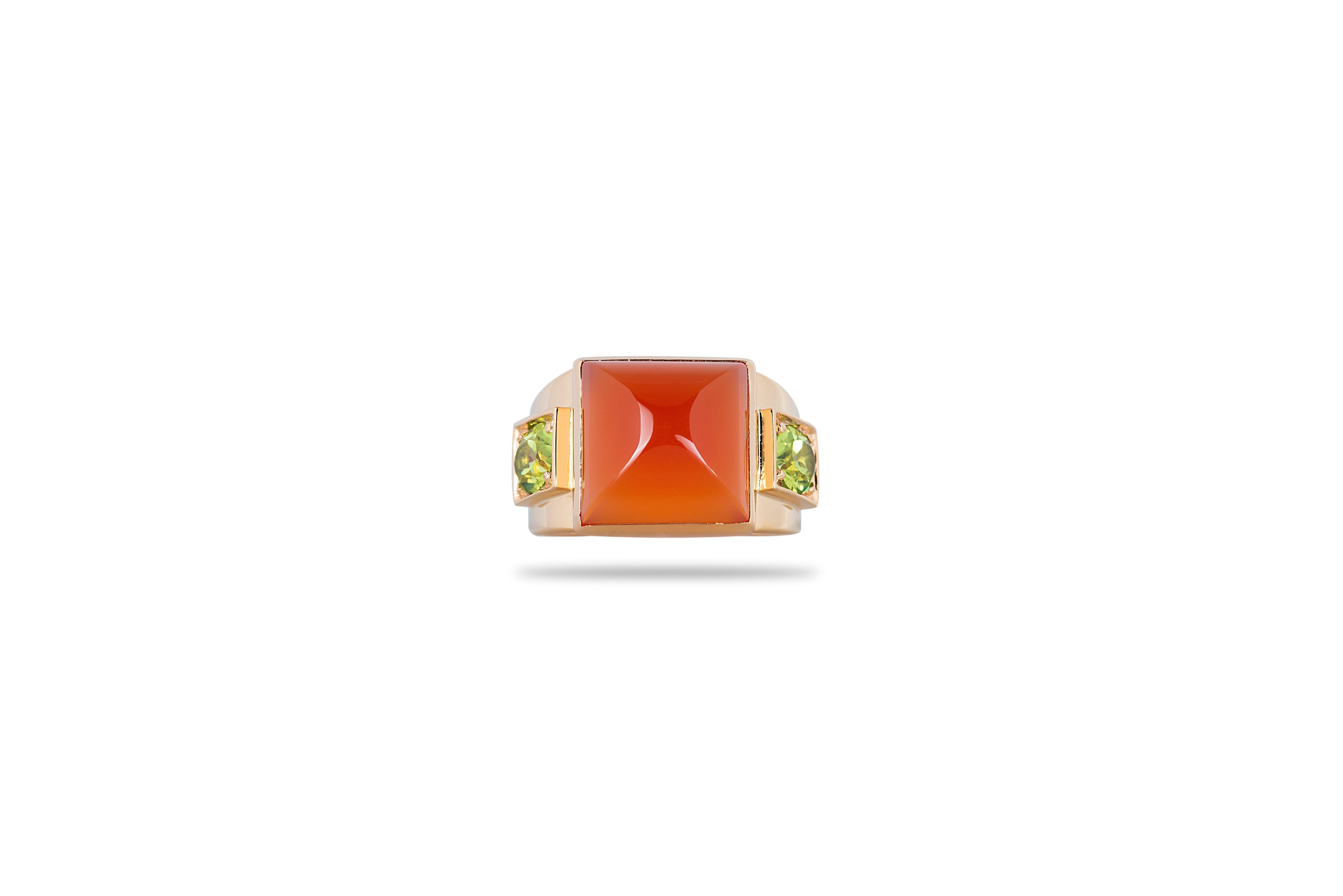 Art Deco-Ring aus 18 Karat Gelbgold mit orangefarbenem Karneol-Peridot im Zustand „Neu“ im Angebot in Rome, IT