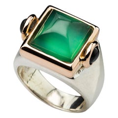 Anello Cocktail in stile Art Deco in oro giallo e bianco 18 carati con agata verde e tormalina