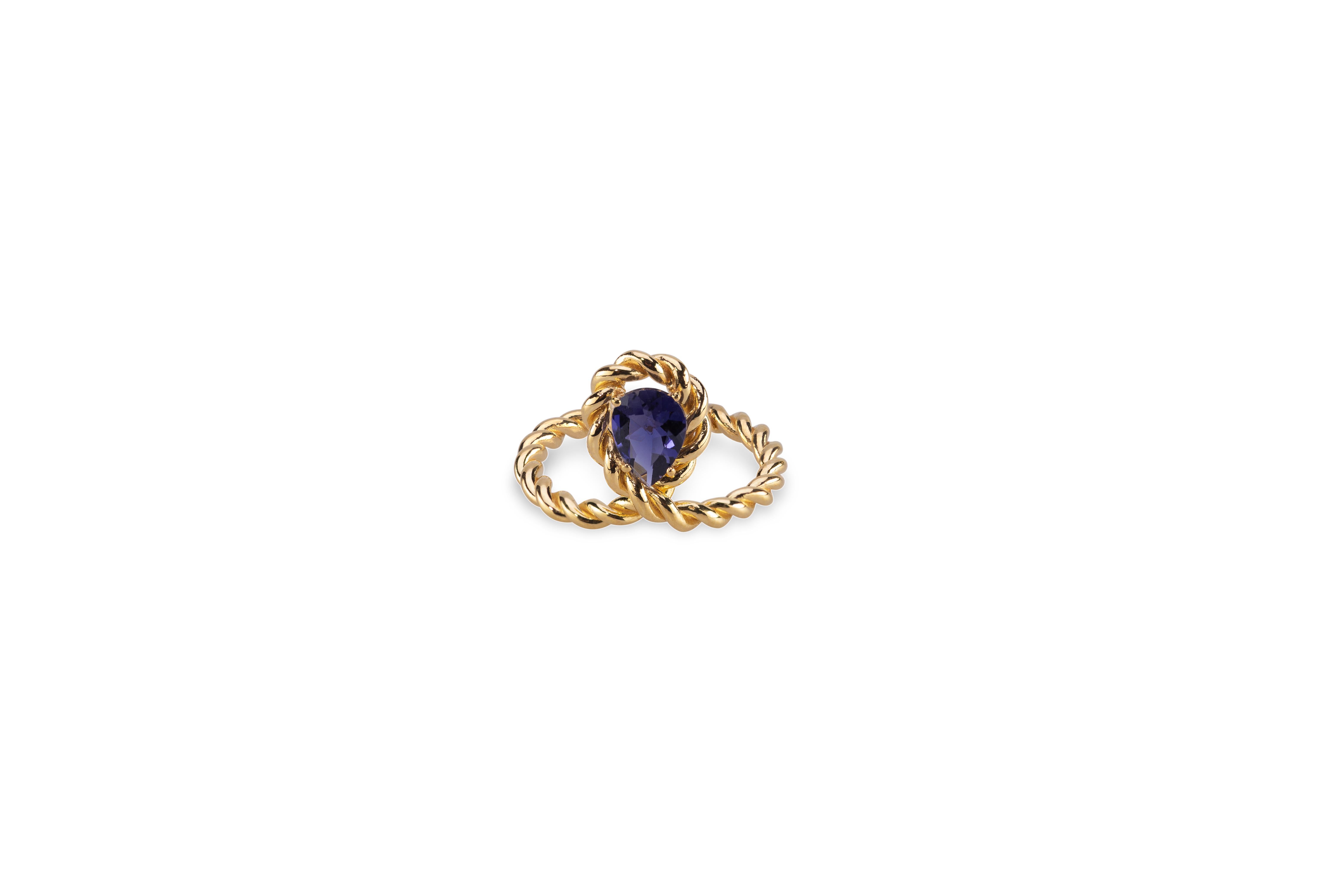 Twisted Rope 18 Karats Yellow Gold Blue Iolite Art Deco Style Design Ring For Sale 1