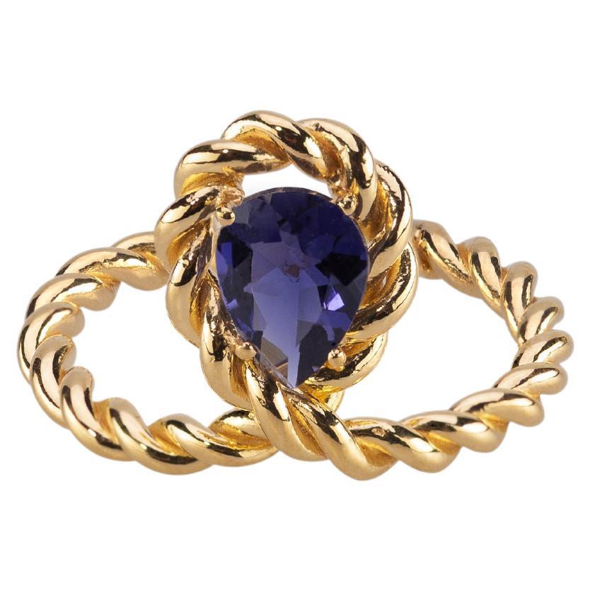 Twisted Rope 18 Karats Yellow Gold Blue Iolite Art Deco Style Design Ring For Sale