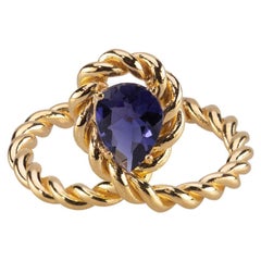 Twisted Rope 18 Karats Yellow Gold Blue Iolite Art Deco Style Design Ring