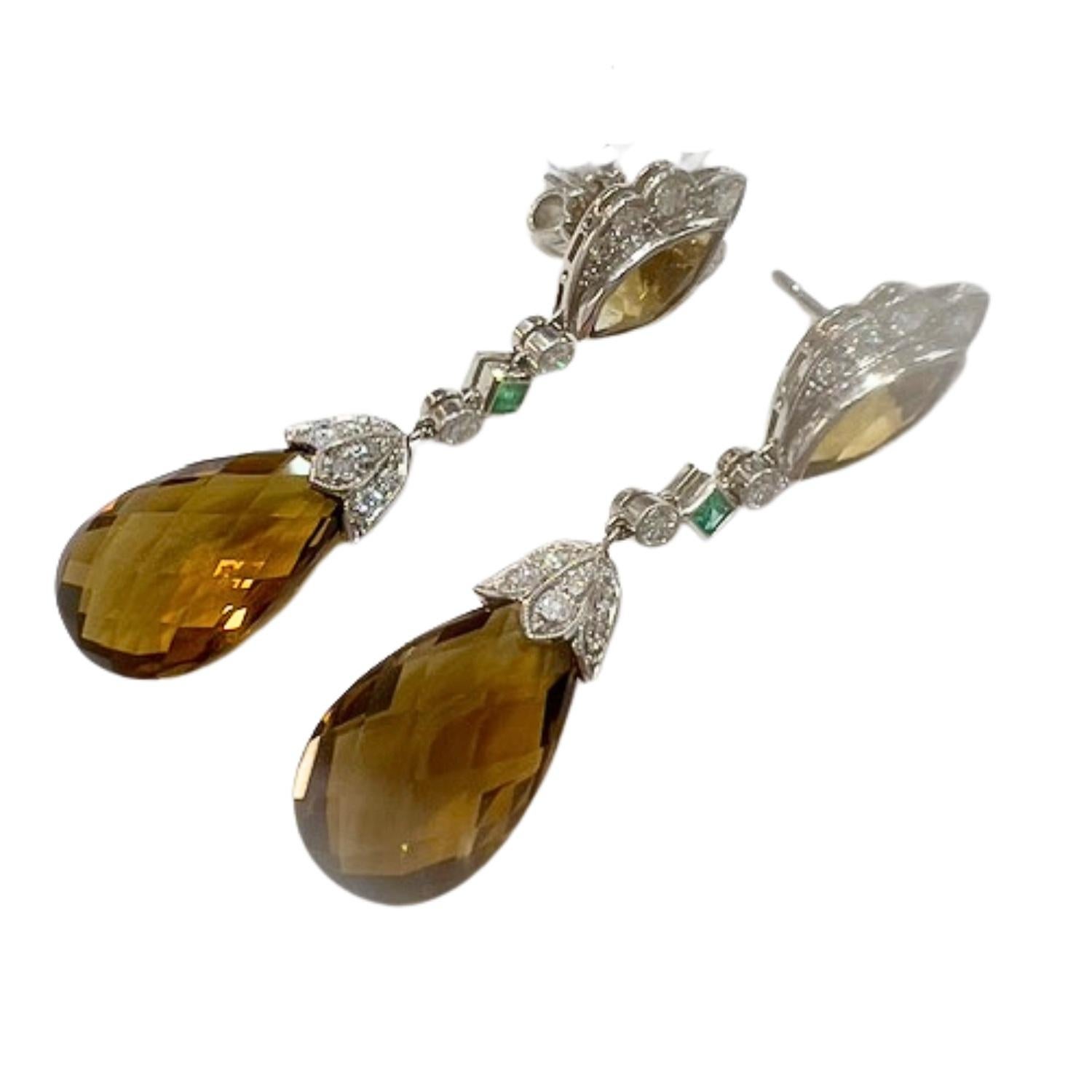 Taglio brillante Orecchini a goccia in stile Art Déco con Citrino da 18,02 ct, Diamanti da 1,00 ct e Smeraldo da 0,20 ct in vendita