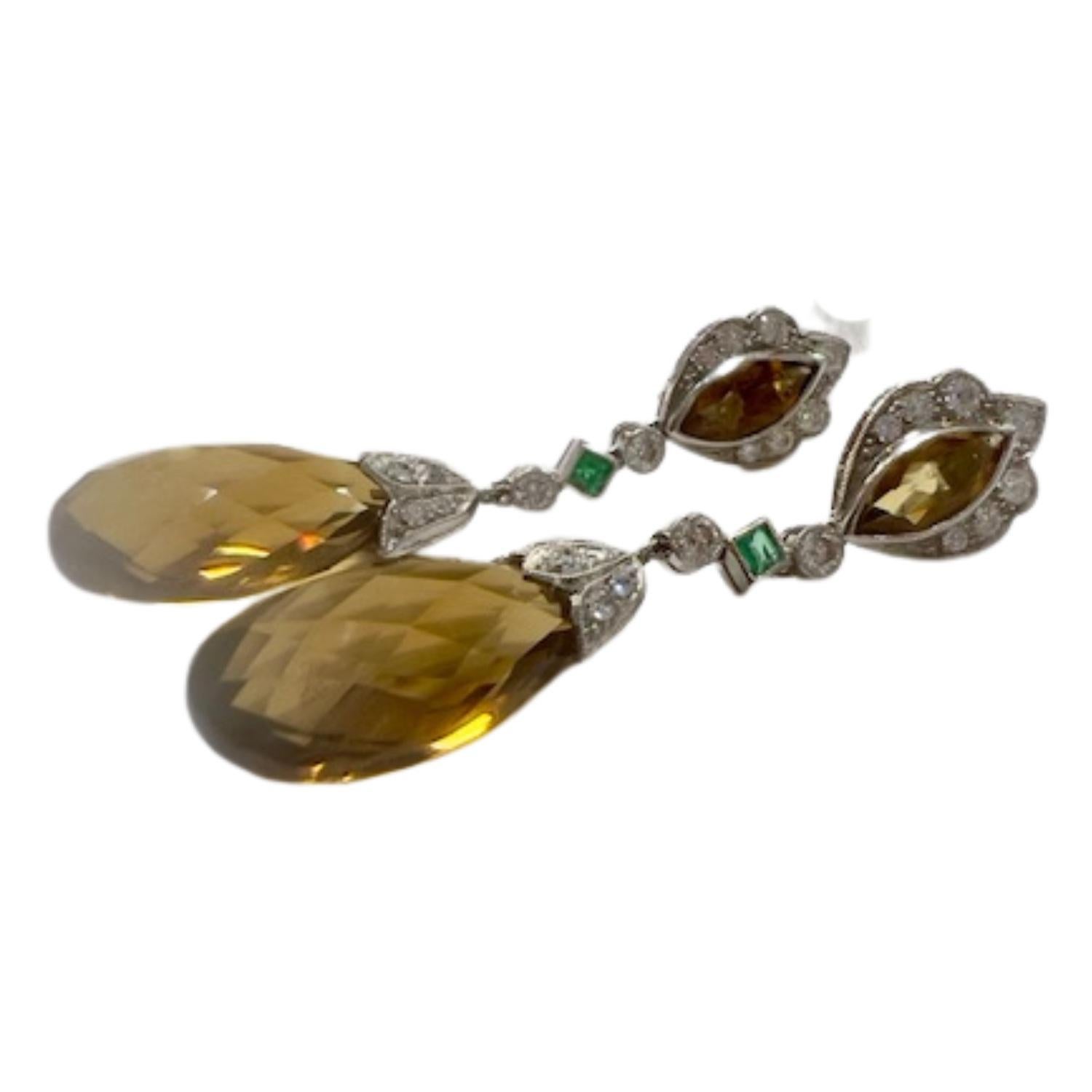 Orecchini a goccia in stile Art Déco con Citrino da 18,02 ct, Diamanti da 1,00 ct e Smeraldo da 0,20 ct In condizioni buone in vendita a MADRID, ES