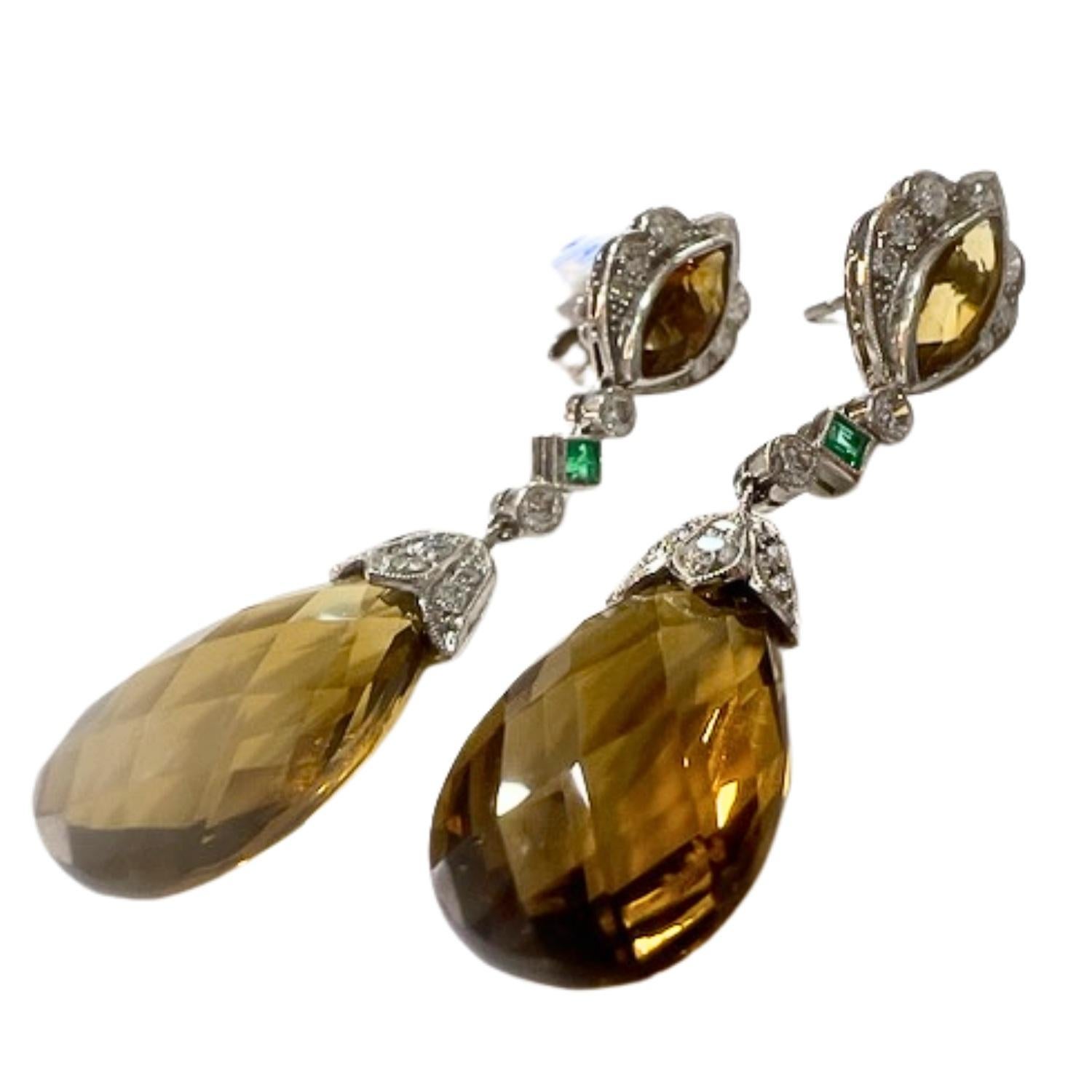 Art Deco Style 18.02 ct Citrine 1.00 ct Diamonds & 0.20 ct Emerald Drop Earrings